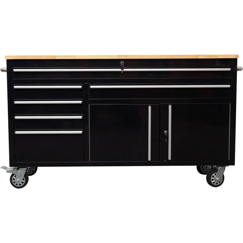 Heavy Duty Steel Rolling Tool Chest with Wooden Worktop 6 Drawers 1 Double-Door Side Cabinet 1674x489x907mm Black - 602038ABLACK