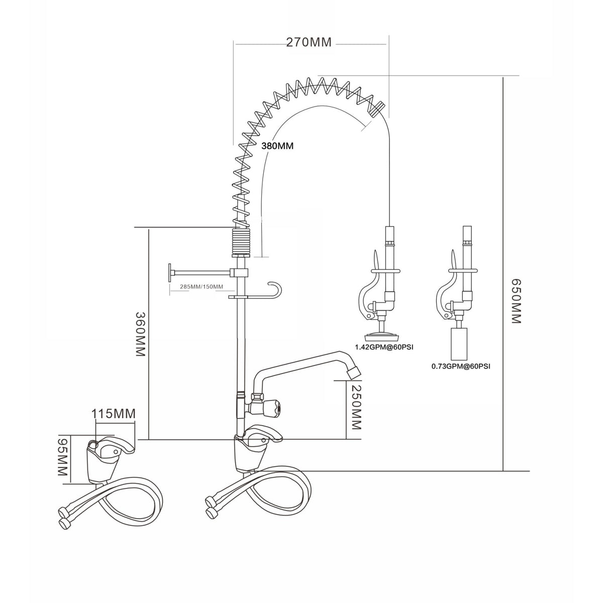 Mini Single Hole Deck Mount Dual Temperature High-Pressure Pre-Rinse Faucet with 8" Swing Nozzle Chrome Plated Brass - 6801A08