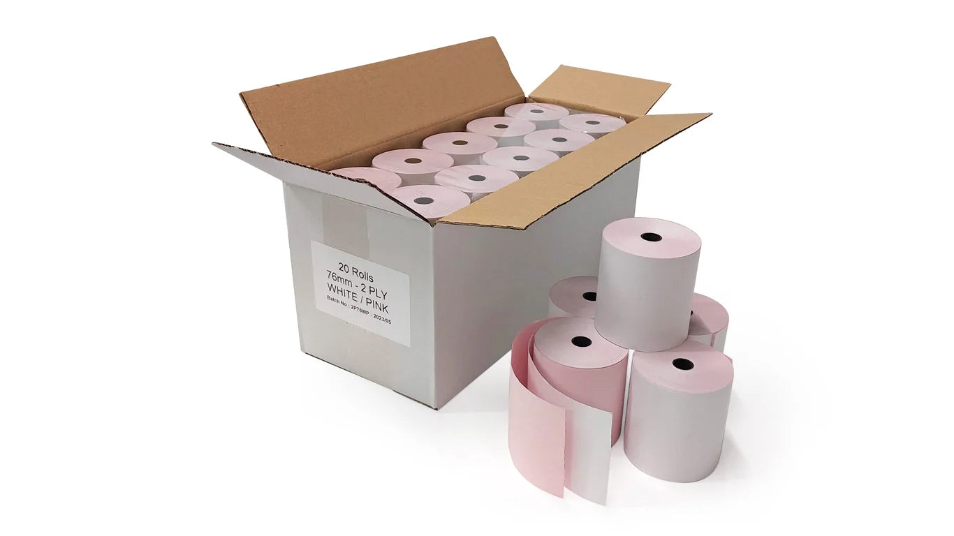 76x70mm 2 Ply Till Rolls | 20 Pack, White/Pink | My Globel