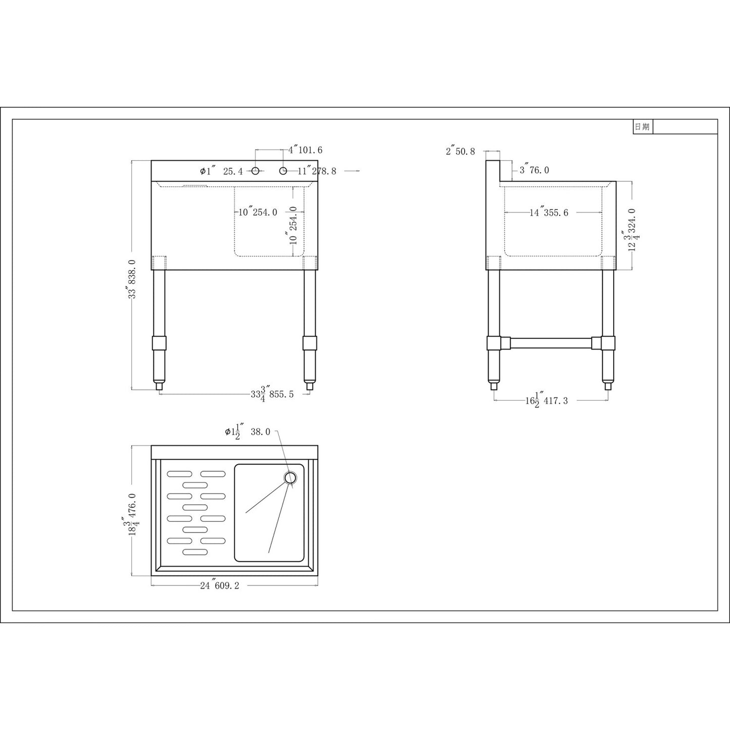 Commercial Sink Stainless steel 1 Bowl Left side Drain board - BS1T24L