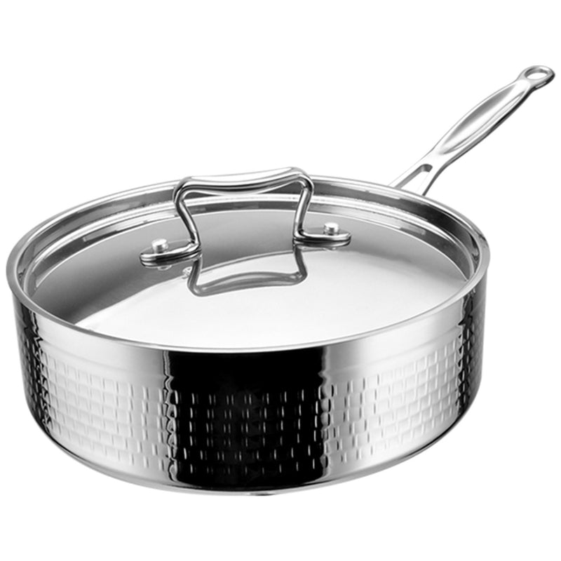 Hammered Triple-Layer Stainless Steel Saucepan with Long Handle ø220×75mm 2.8L Silver Finish - C0311027S