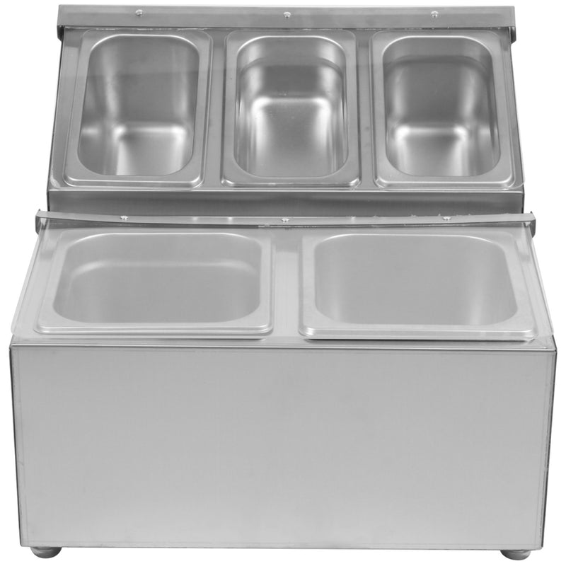 Commercial Stainless Steel GN Condiment Holder with Acrylic Flip-Top Lids, 2 x GN 1/6 + 3 x GN 1/9 - CHRLF04B2