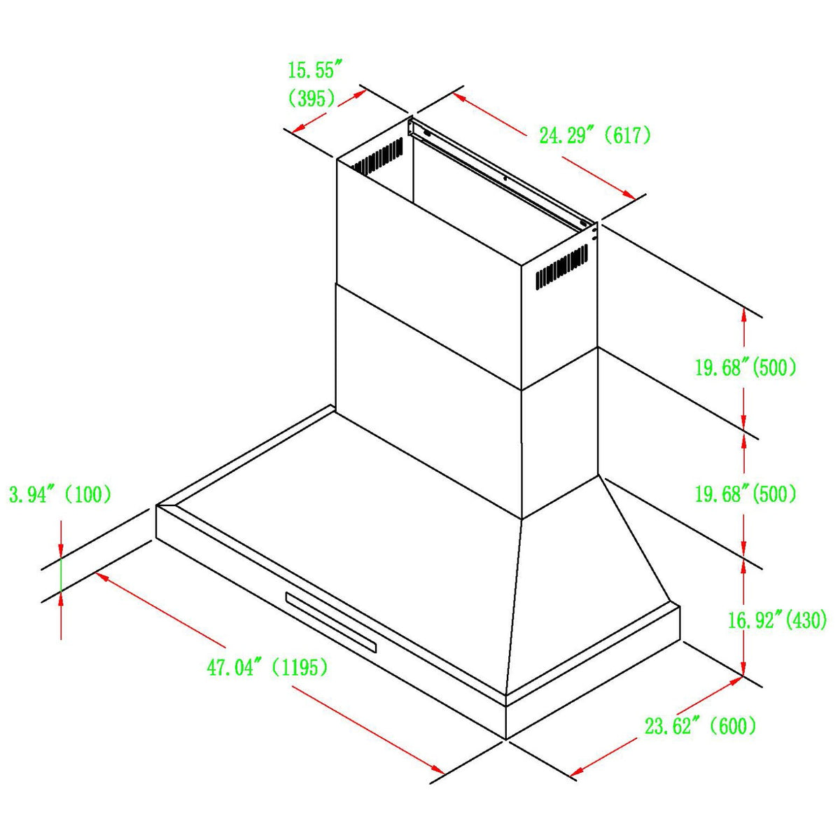Commercial Wall Mounted Stainless Steel Extraction Hood with Touch Control, Remote and LED Lighting 1195 x 600mm - D48FF224