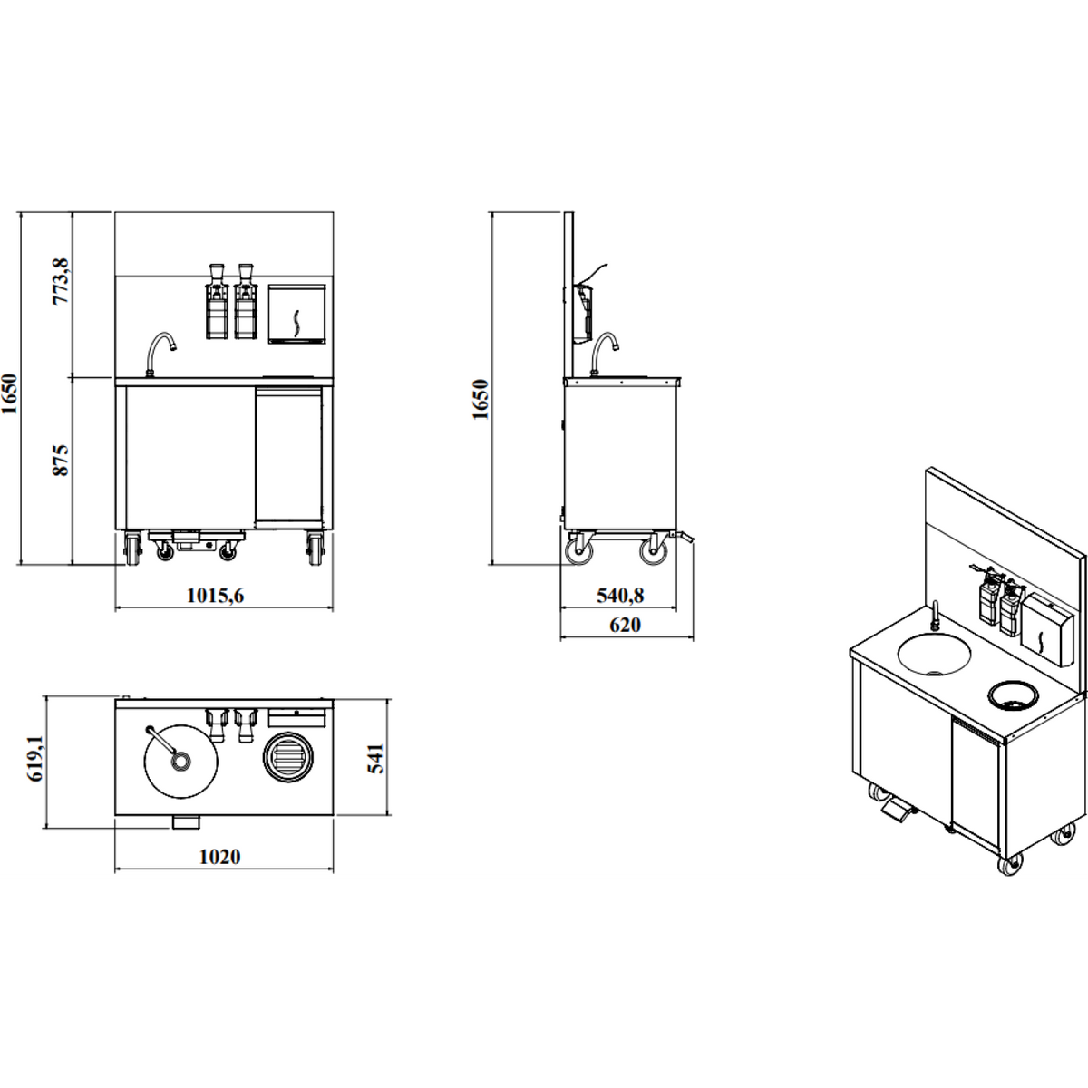 Mobile Hand Wash Station with Trash bin Built-in fresh and waste water bins Stainless steel 750x605x1590mm - DKE102
