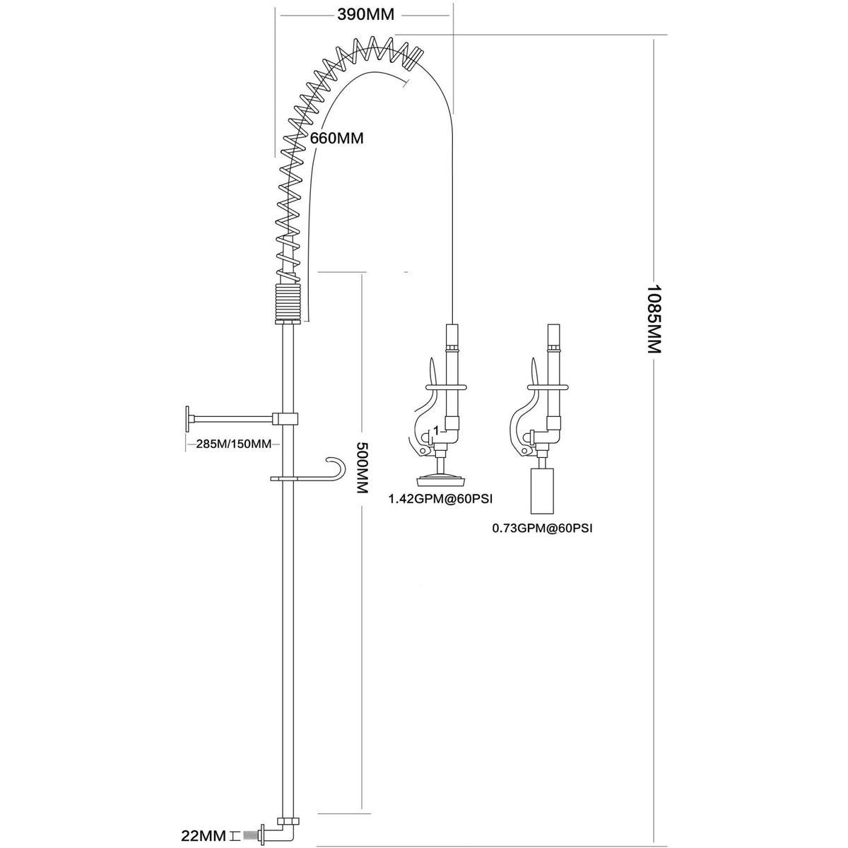 Backsplash Mount Pre-Rinse Faucet with 20" Riser and 37" Flexible Hose Chrome Plated Brass - EQ2811A