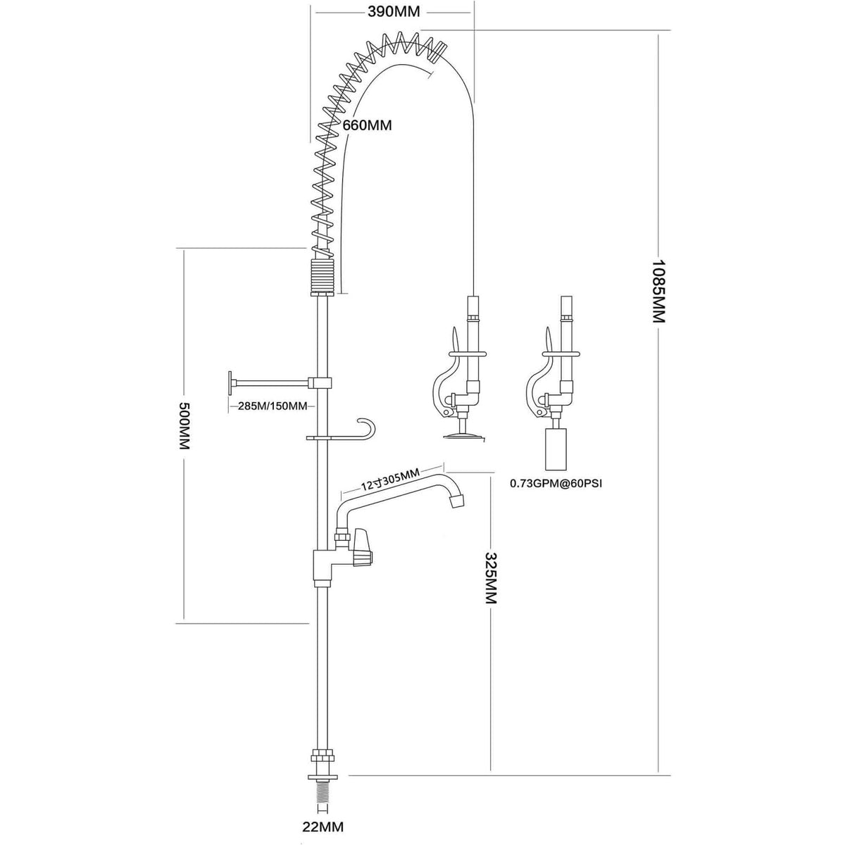 Deck Mount Pre-Rinse Faucet with 20" Riser, 37" Flexible Hose and 12" Swing Nozzle Chrome Plated Brass - EQ2812A12