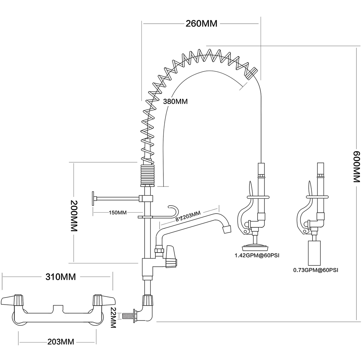 Pre Rinse Spray Unit with Swing faucet Wall mount Double inlet Height 600mm Stainless steel - EQ7802A08