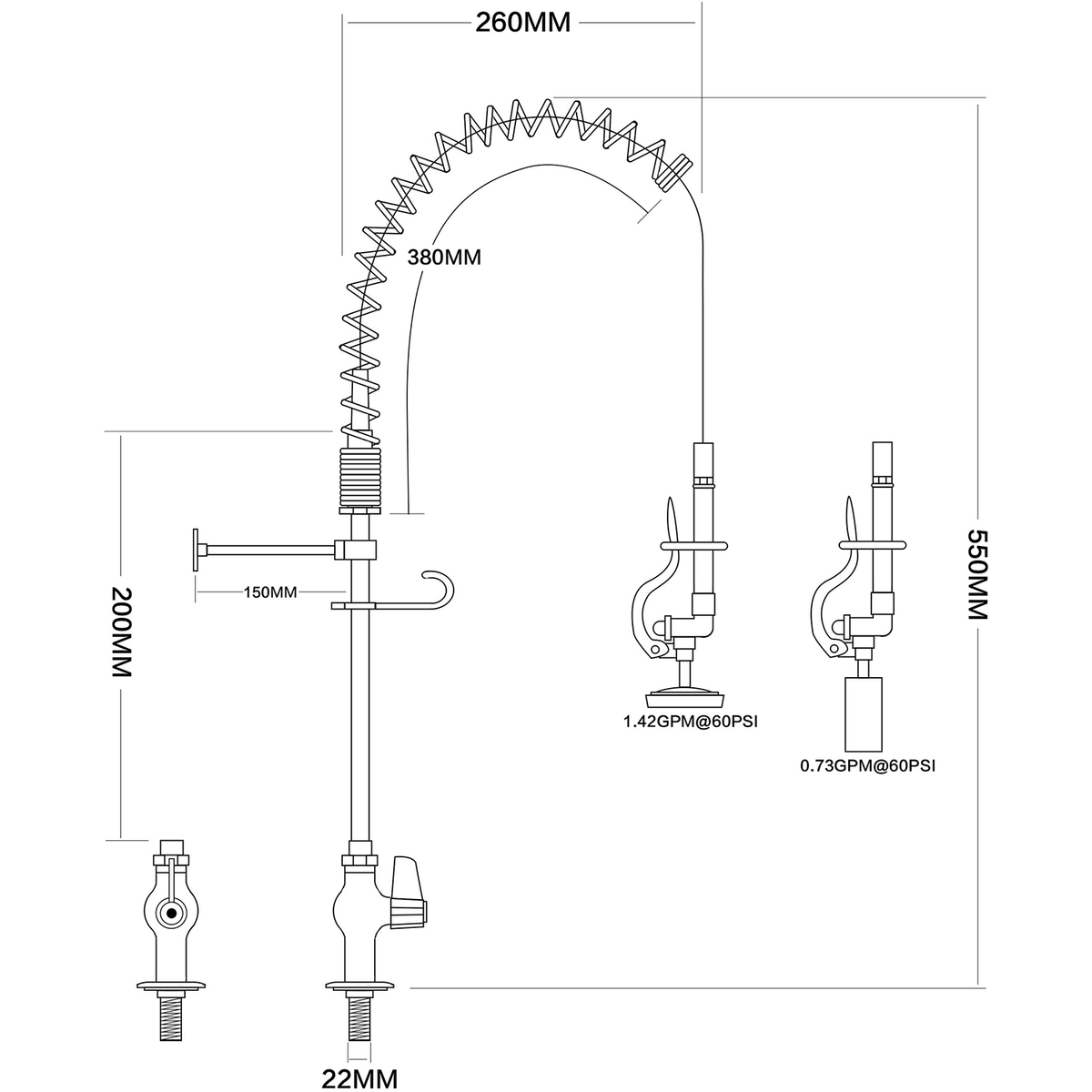 Pre Rinse Spray Unit Deck mount Single inlet Height 600mm Stainless steel - EQ7803A