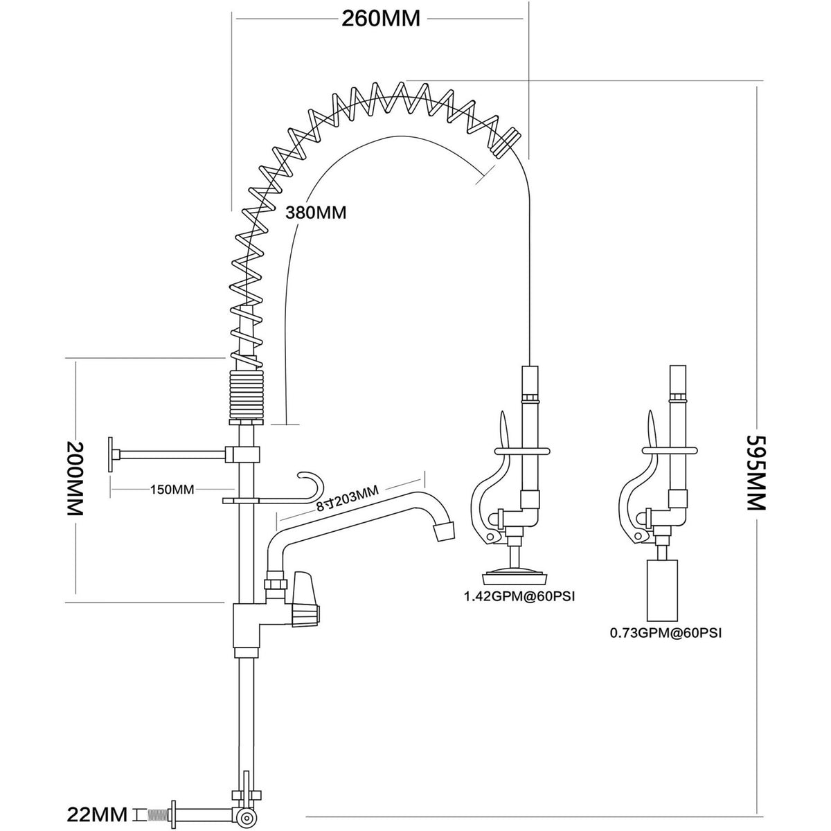 8" Wall / Panel Mount Pre-Rinse Faucet with 8" Riser, 18" Flexible Hose and 8" Swing Nozzle Chrome Plated Brass - EQ7810A08