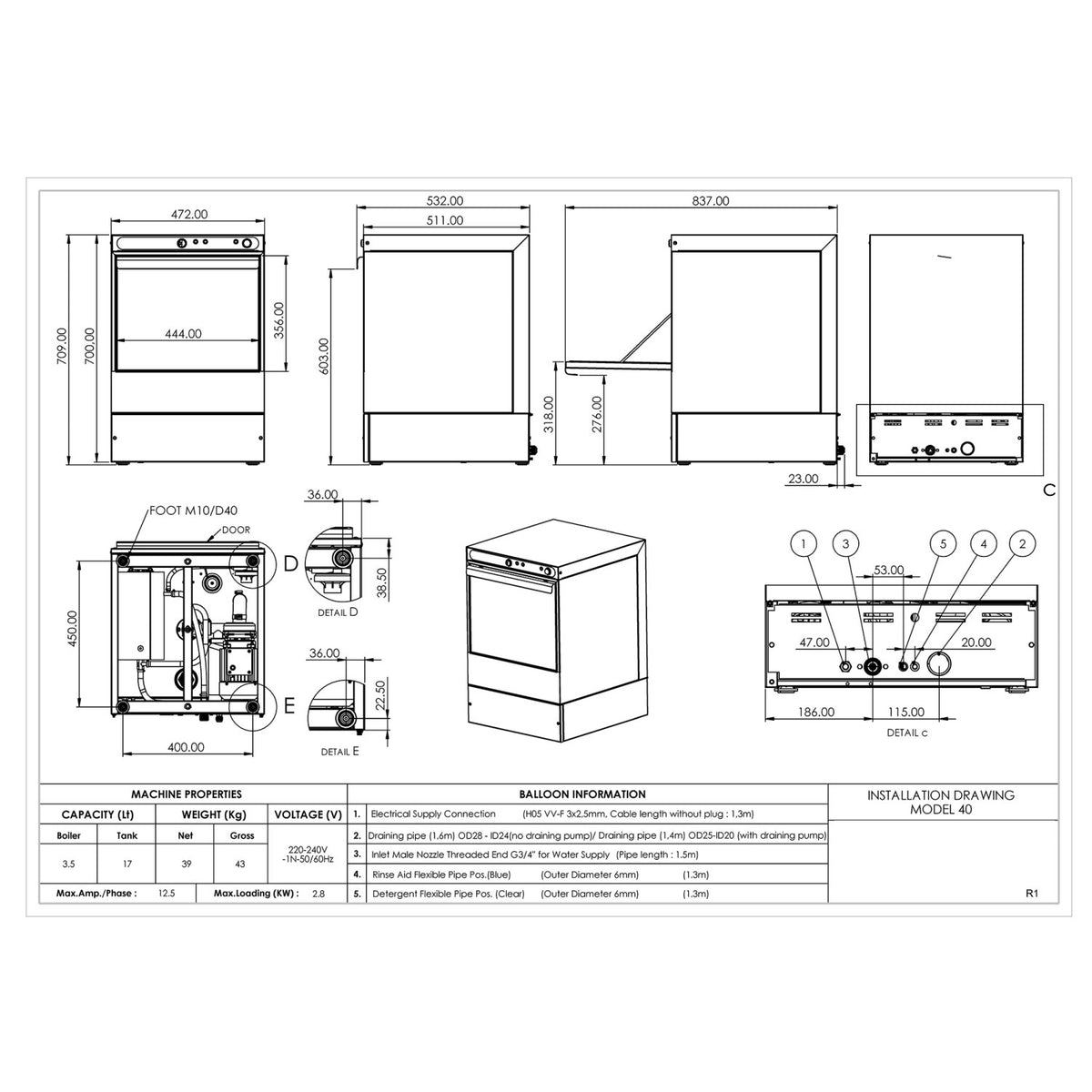 Commercial Glasswasher with 400mm Basket and Rinse & Detergent Pump | EVW16 - MADE IN EUROPE - EVW16