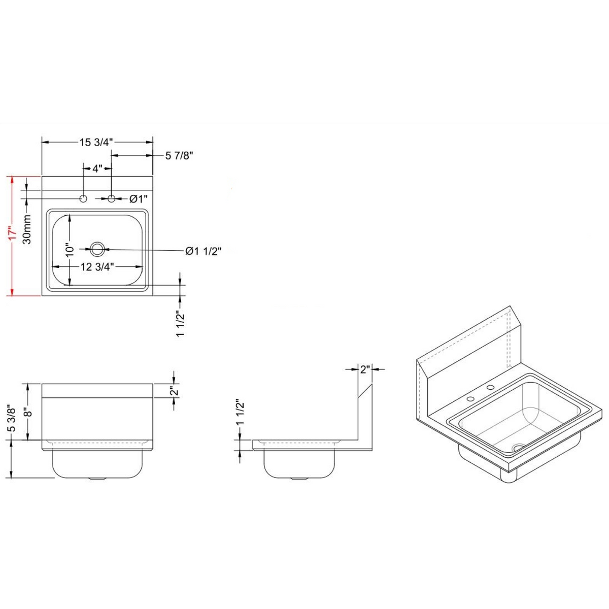Wall mounted Hand Sink Deck mounted faucet Stainless steel - HS15DH