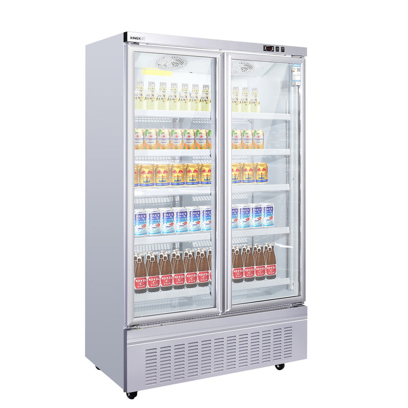 Commercial Upright Display Refrigerator 1035 Litres 2 Glass Doors 5 Shelves Ventilated Cooling 1250x740x2100mm - KOBE202