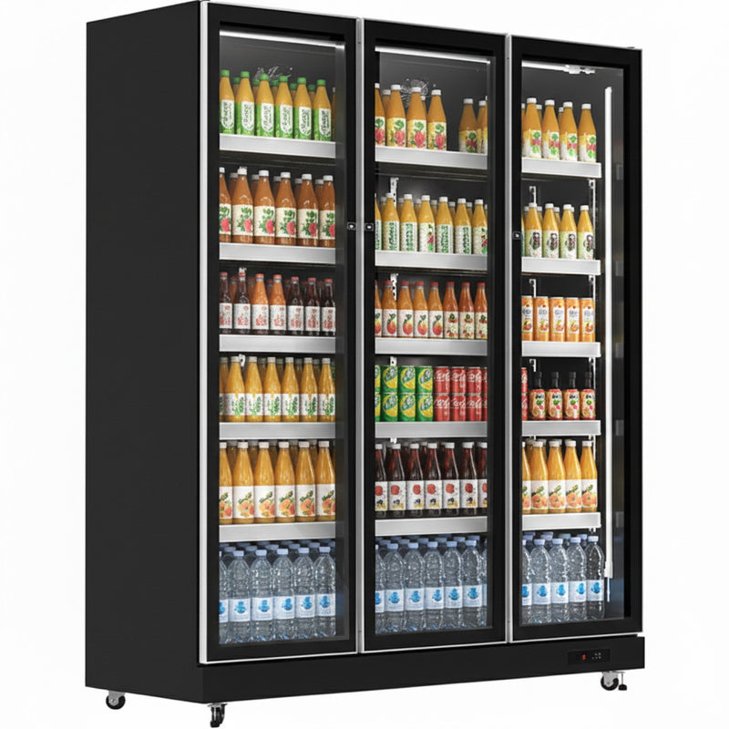 Commercial Upright Display Refrigerator 1050 Litres 3 Glass Doors 5 Shelves Ventilated Cooling 1650x600x1985mm - KOBE208