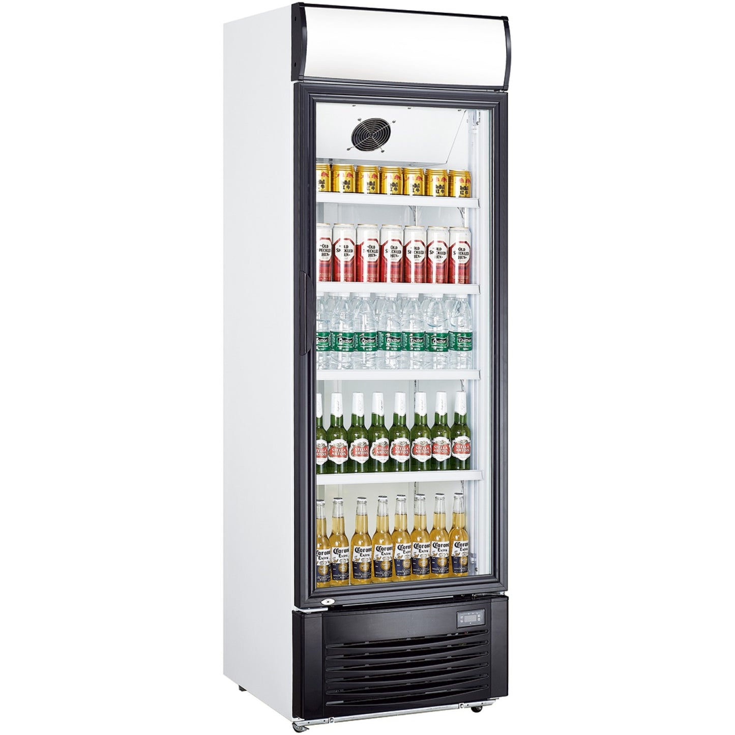 Commercial Bottle cooler Upright 430 litres Fan assisted cooling Hinged glass door Black/White Canopy light - LG430F