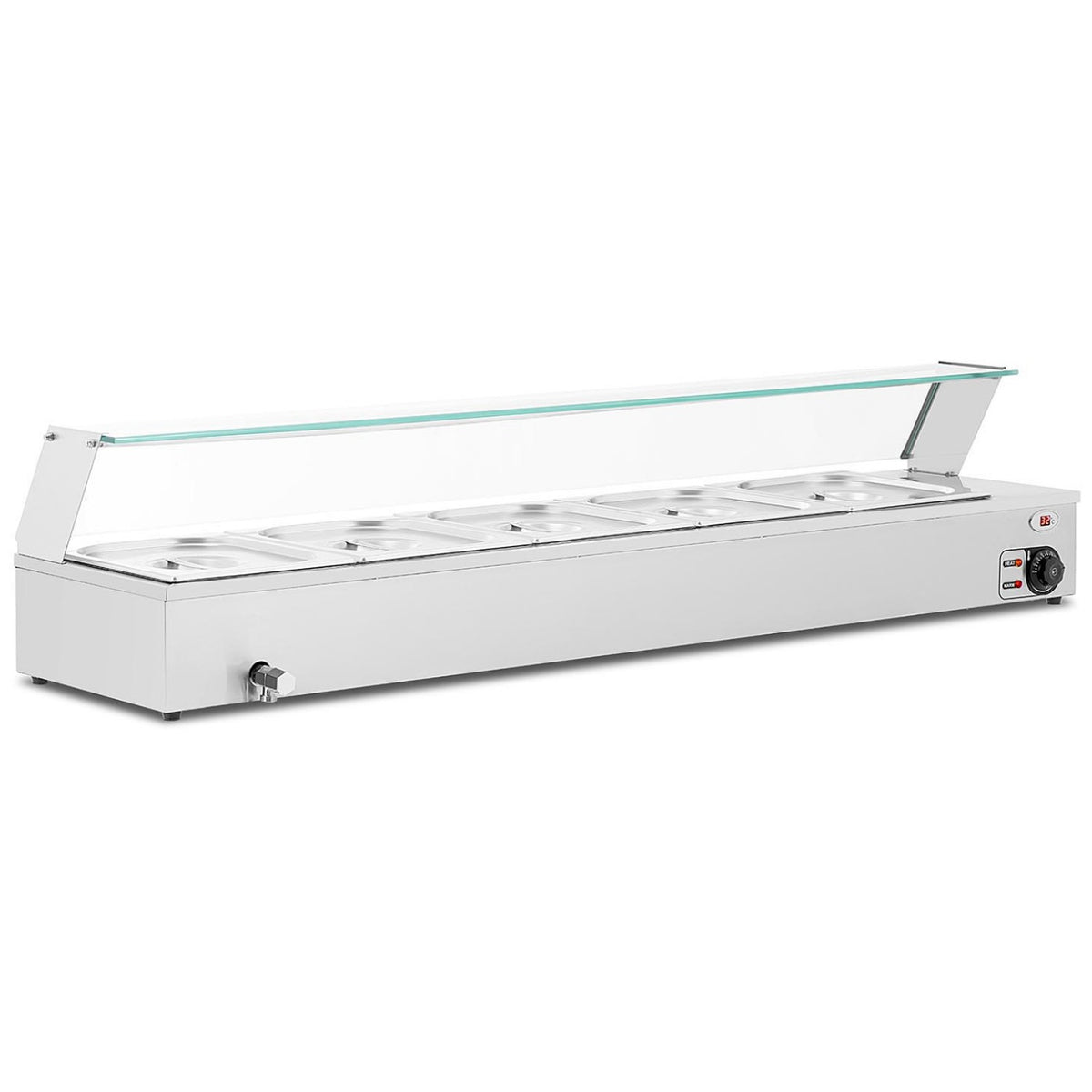 Commercial Stainless Steel Bain Marie with Glass Guard and 5 × 1/2 GN Pans & Lids 1490×375×335mm - M205