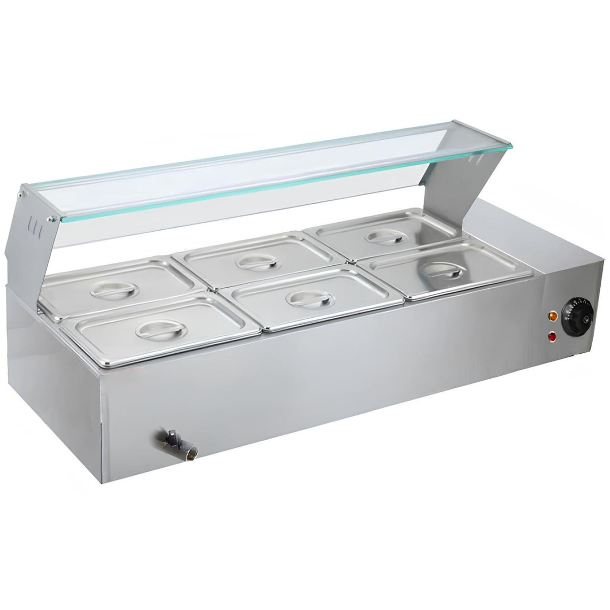 Commercial Stainless Steel Bain Marie with Glass Guard and 6 × 1/2 GN Pans & Lids 1100×570×385mm - M2223