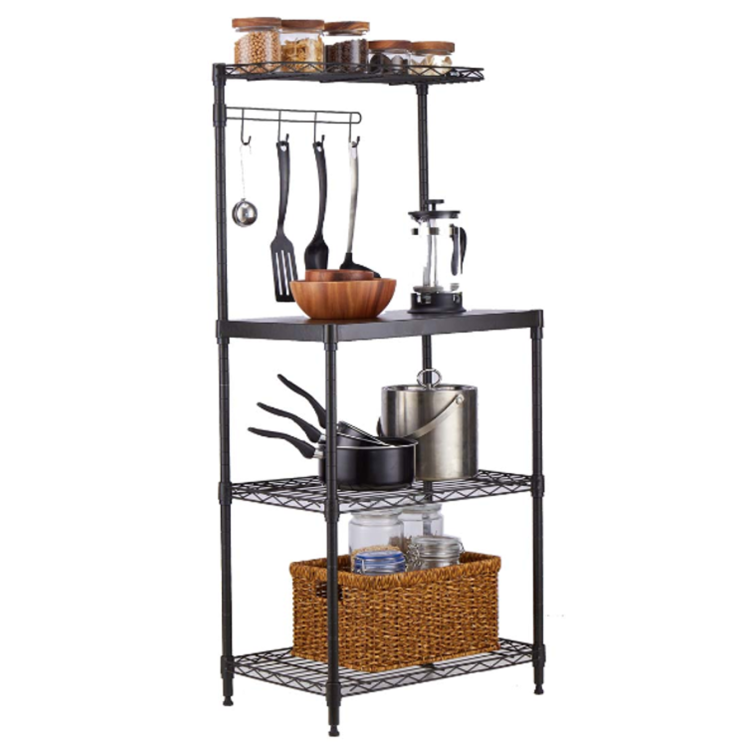Black 4-Tier Kitchen Storage Rack with Wooden Countertop 550x350x1200mm