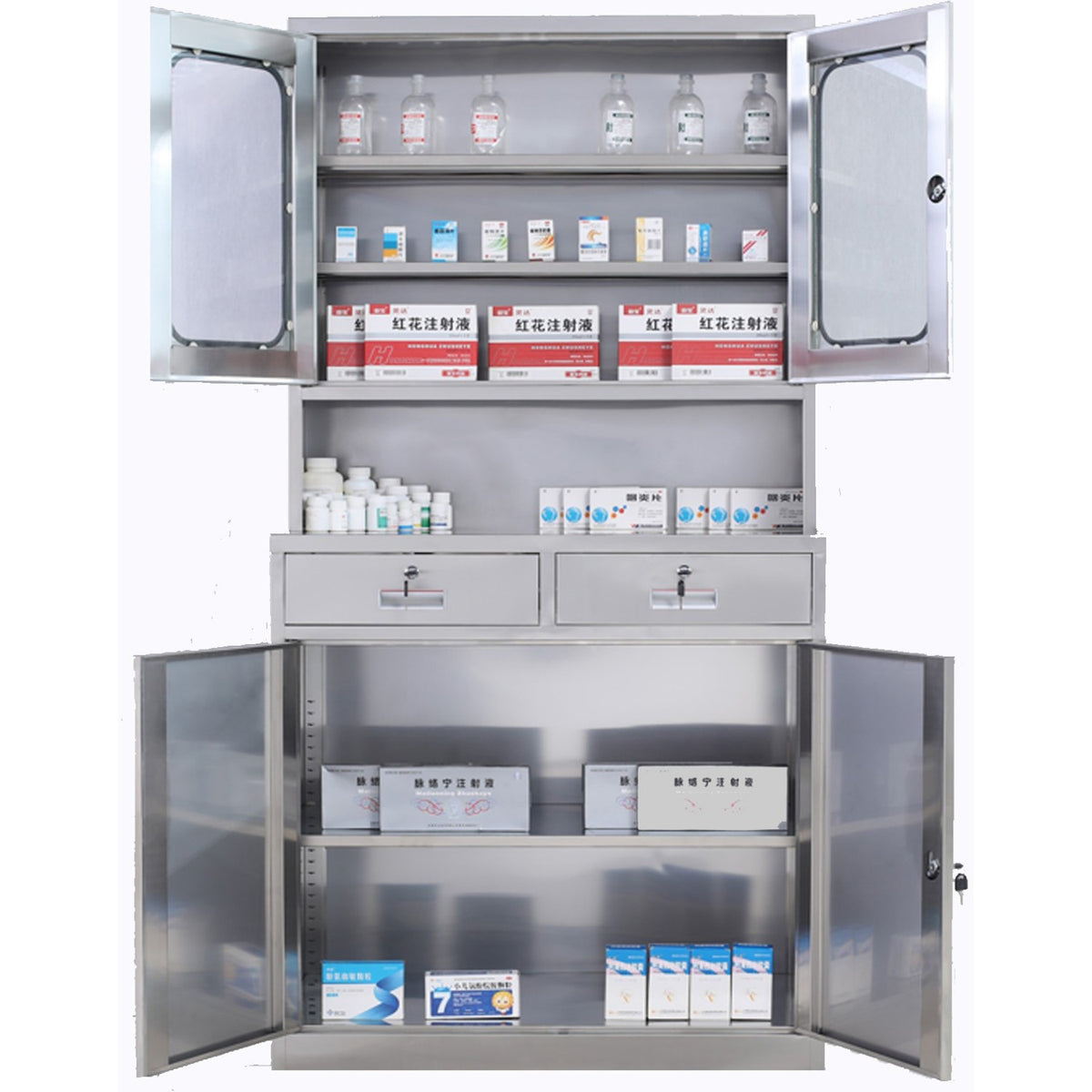 Commercial Stainless Steel Cabinet 3 Shelves 2 Drawers 4 Door 850x500x1850mm - MYSLC14
