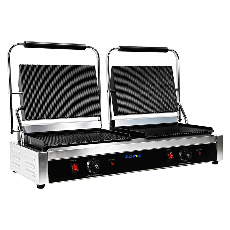 Commercial Double Contact Grill / Panini Press Ribbed Plates 2x 345x235mm 4.4kW - NEXORA112