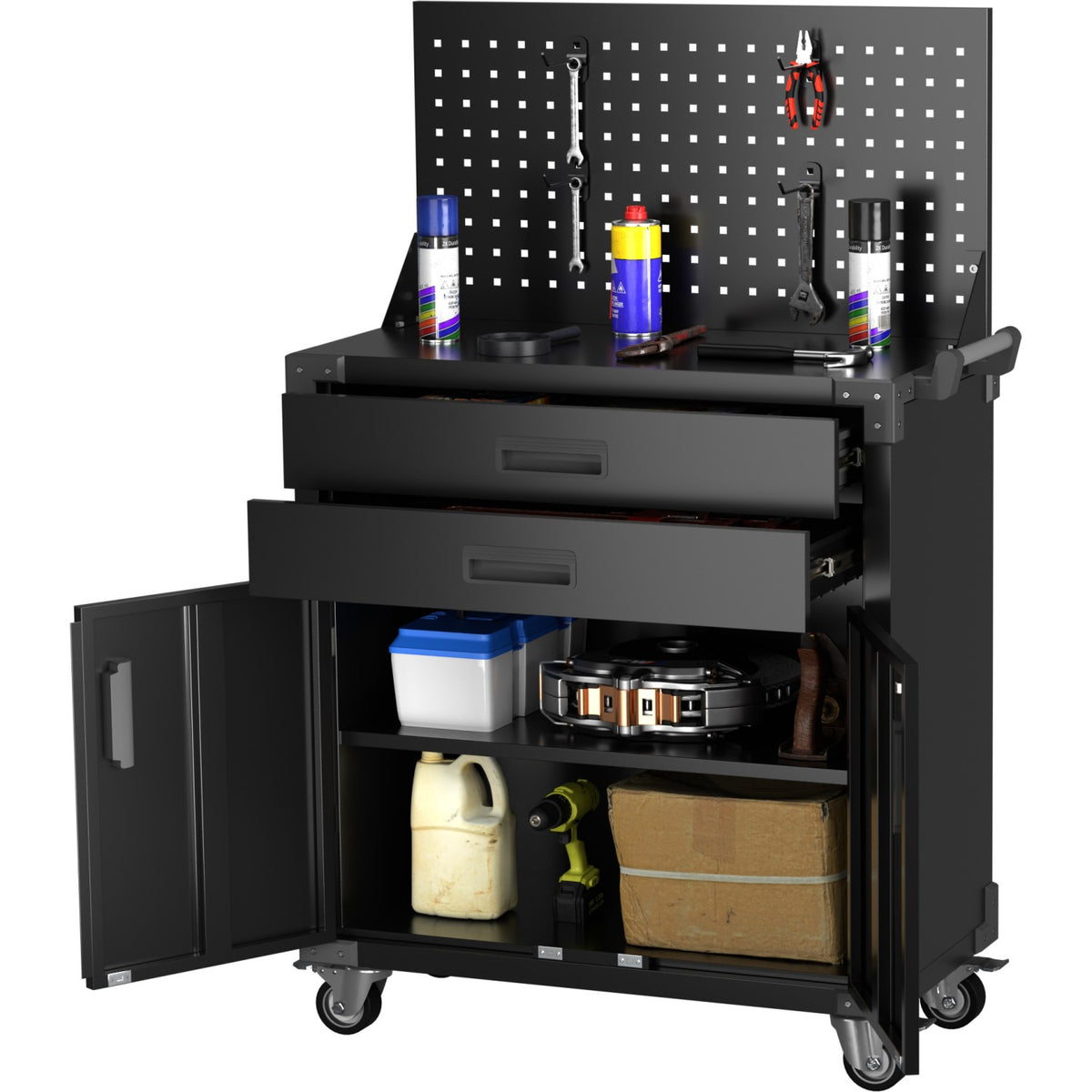 Professional Mobile Black 2 Door 2 Drawer Pegboard Steel Tool Cabinet 800x420x1320mm - SART224