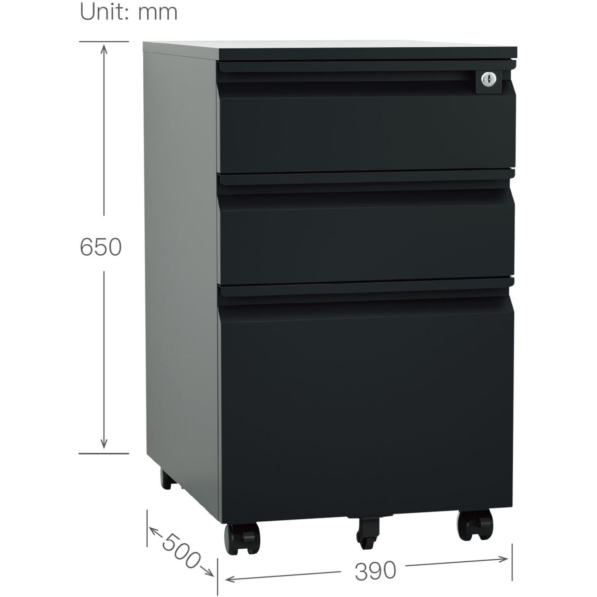 Professional Mobile Filing & Storage Cabinet 3 drawer 390x500x650mm Black - SEMC1BLACK