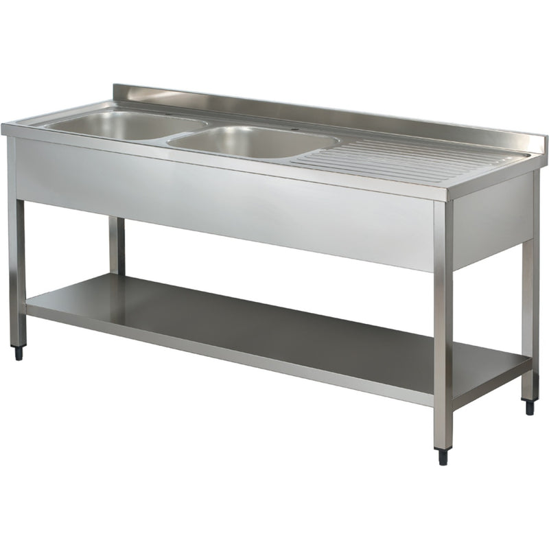 Commercial Sink Stainless steel 2 bowls Left Bottom shelf Splashback 1600mm Depth 700mm - THSTR167BL2