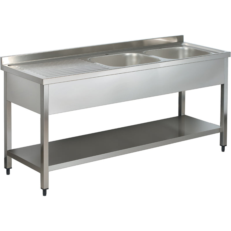 Commercial Sink Stainless steel 2 bowls Right Bottom shelf Splashback 1400mm Depth 700mm - THSTR147BR2