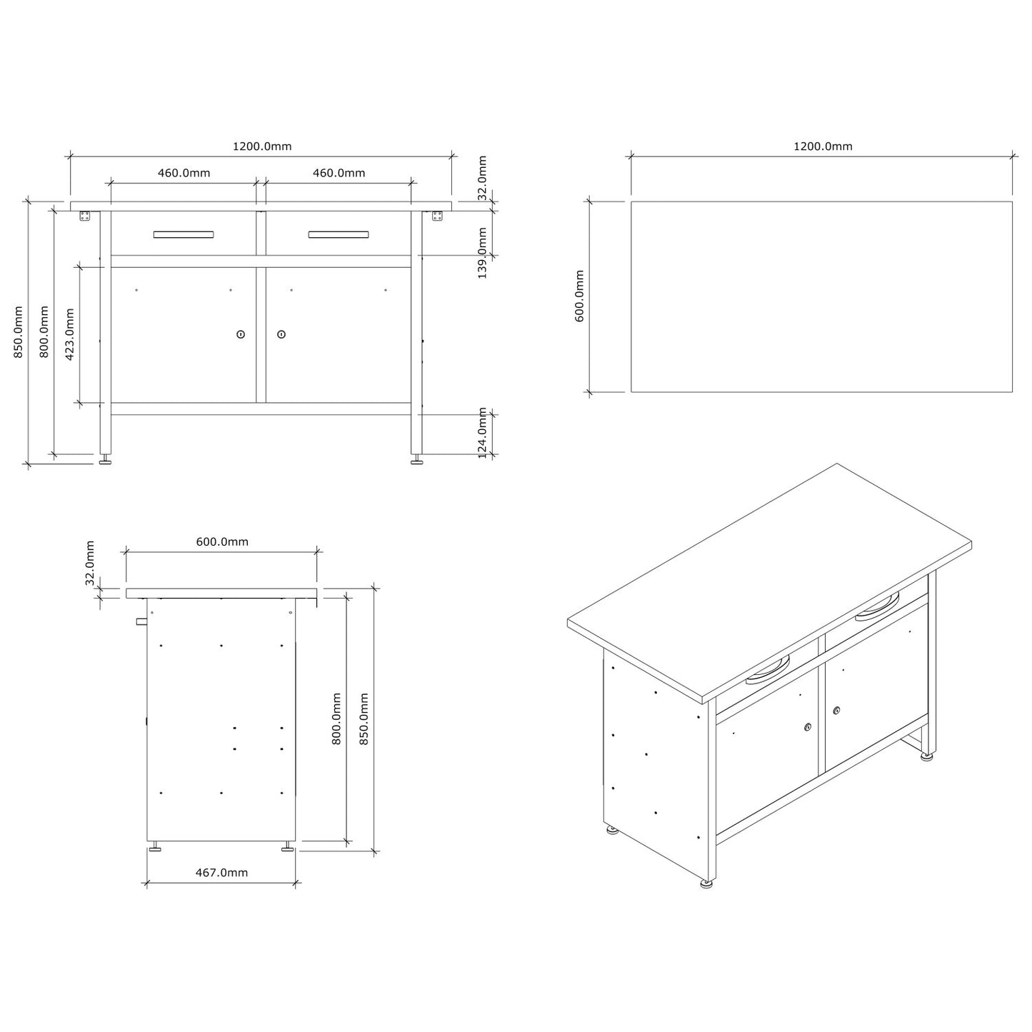 Professional Grey and Black Workshop Workbench with 30mm Wooden Desktop, Drawers and Lockable Doors 1200x600x850mm - TC006