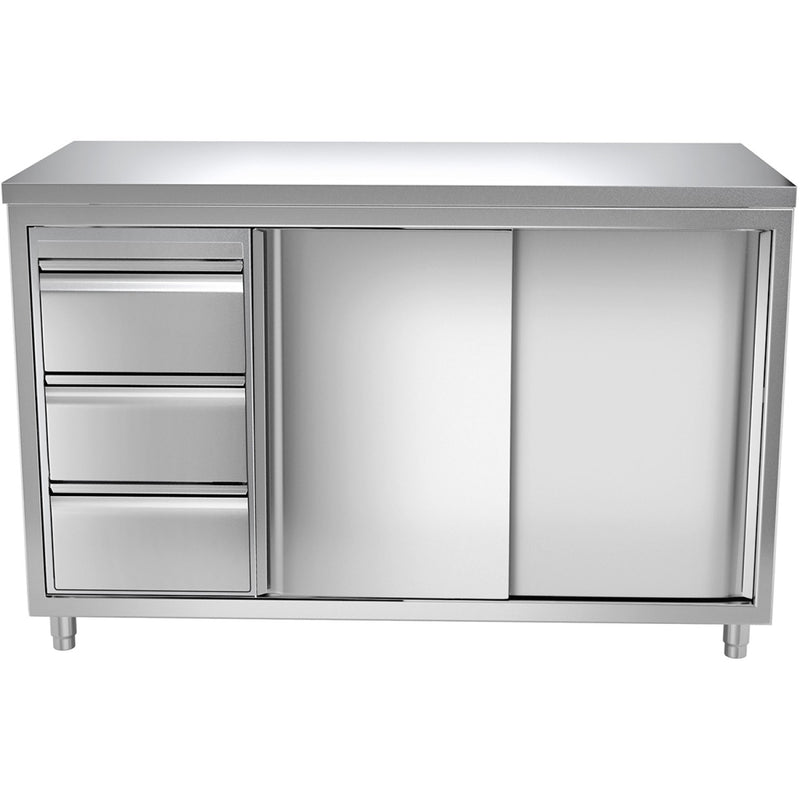 Commercial Worktop Floor Cupboard 3 drawers Left 2 sliding doors Stainless steel Width 1600x600x850mm - VTC166L3