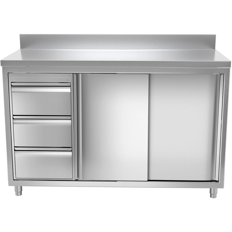 Commercial Worktop Floor Cupboard 3 drawers Left 2 sliding doors Stainless steel Width 1600mm Depth 600mm Upstand - THASR166L3A