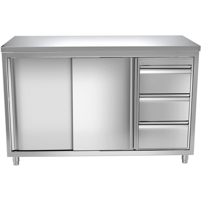 Commercial Worktop Floor Cupboard 3 drawers Right 2 sliding doors Stainless steel Width 1600x700x850mm - VTC167R3