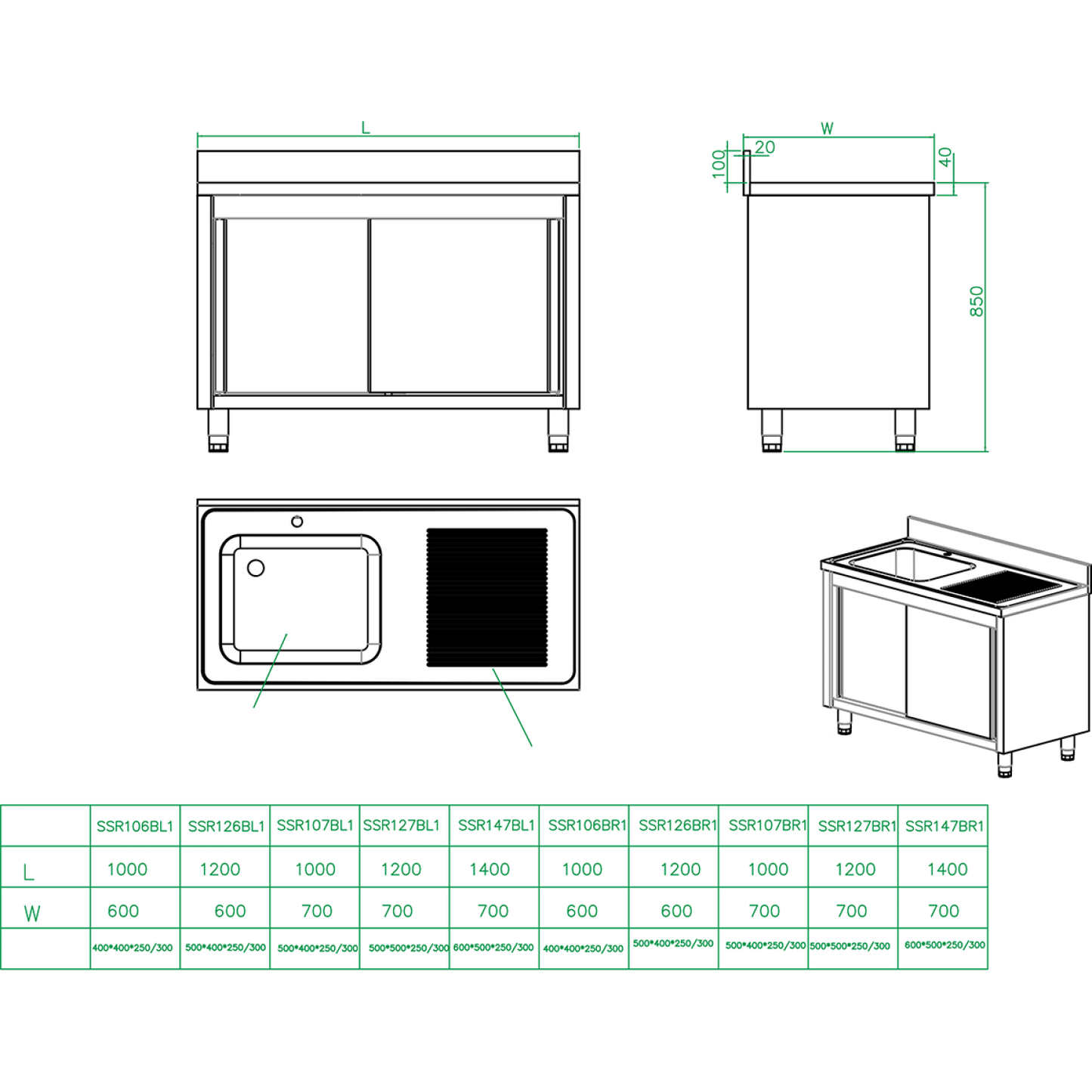 Commercial Sink with Cupboard Stainless steel 1 bowl Left Splashback Width 1000mm Depth 600mm - THSSR106BL1