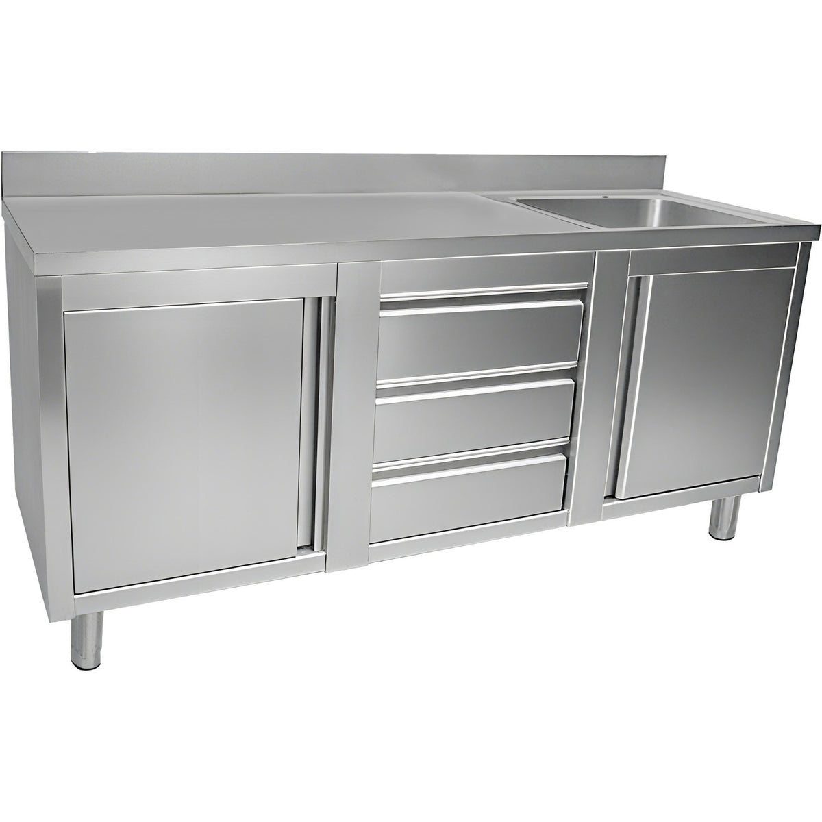 Commercial Sink with 2 Cupboards and 3 Drawers Stainless Steel 1 Bowl Right Splashback 2100x600x950mm - VSC216RBS3MD