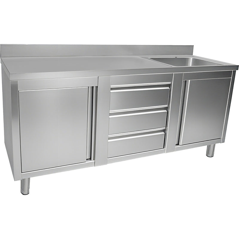 Commercial Sink with 2 Cupboards and 3 Drawers Stainless Steel 1 Bowl Right Splashback 2100x600x950mm - VSC216RBS3MD