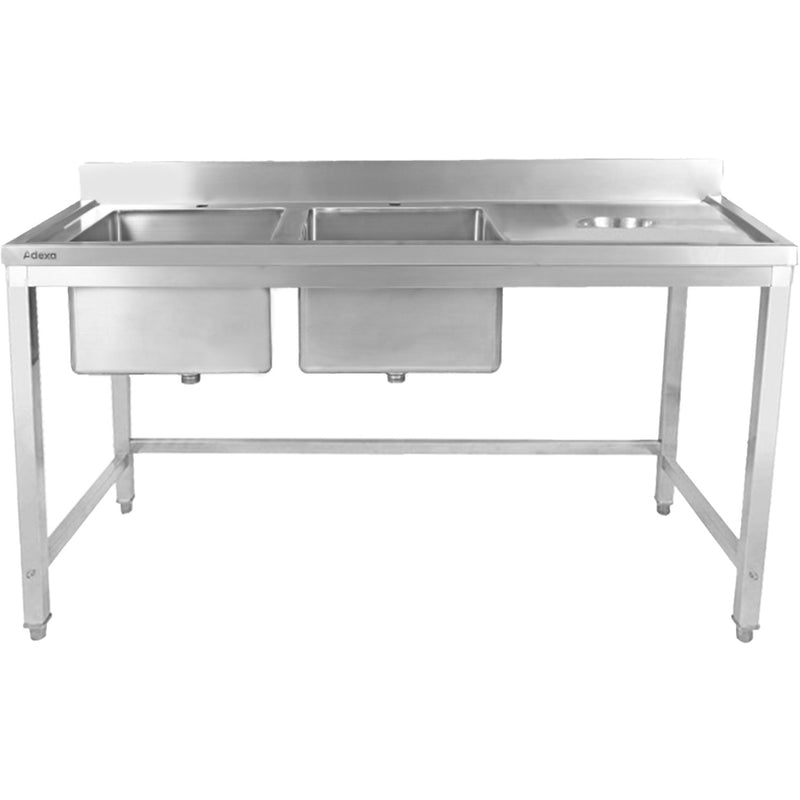 Commercial Stainless Steel Double Sink with 2 Left Bowls & Right Scrapping Hole + Splashback 1500x700x950mm - WHSTT1570L