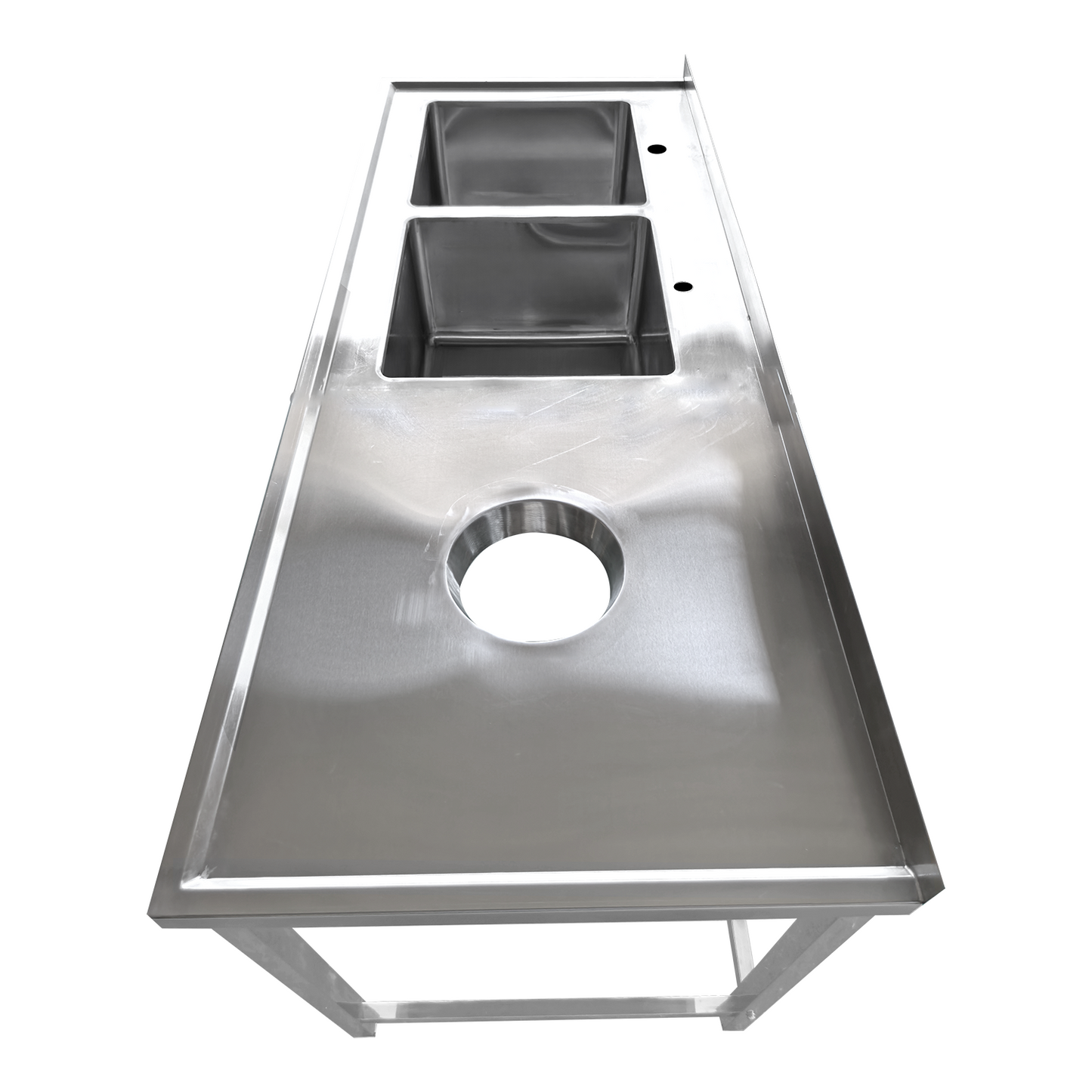 Commercial Stainless Steel Double Sink with 2 Left Bowls & Right Scrapping Hole + Splashback 2000x600x950mm - WHSTT2060L