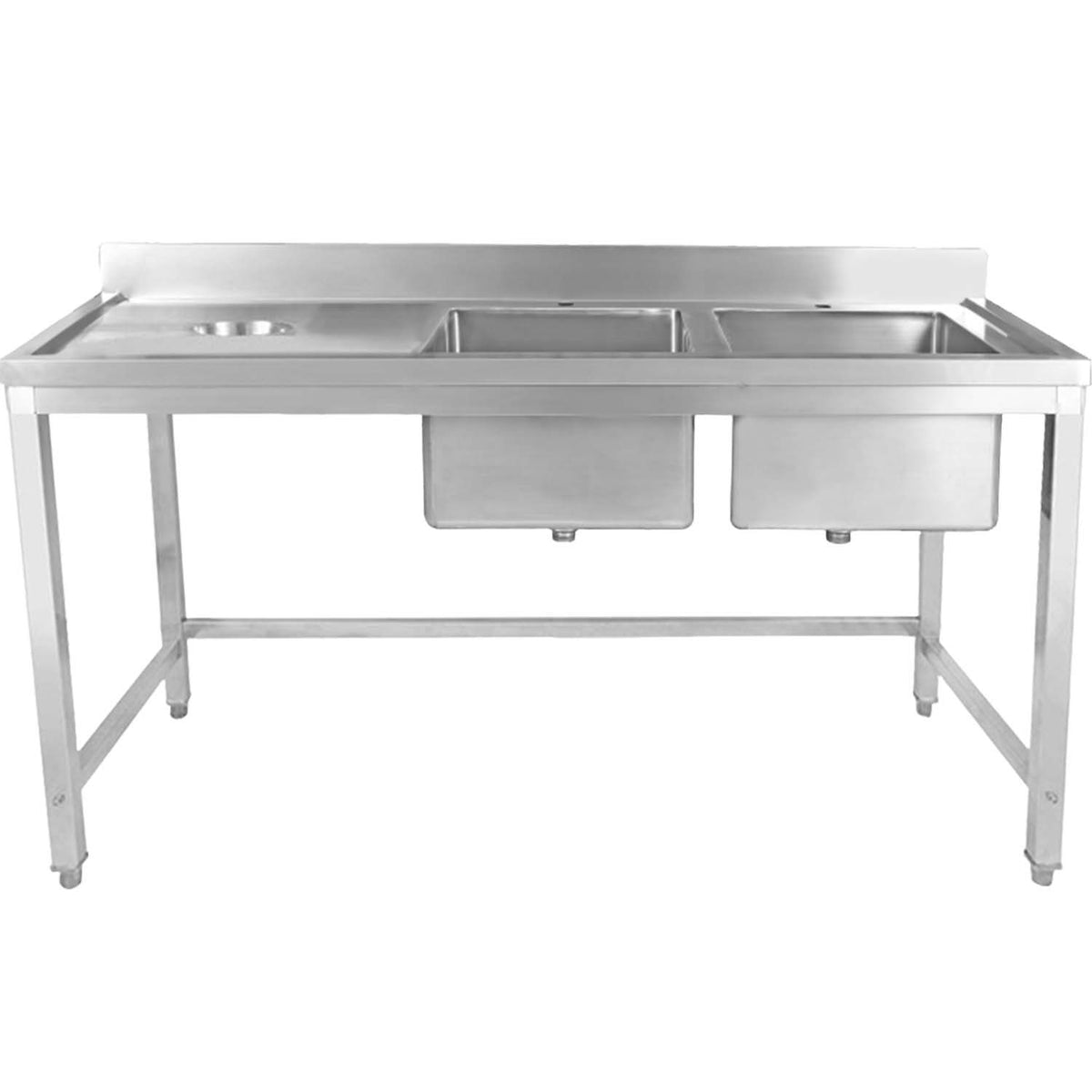 Commercial Stainless Steel Double Sink with 2 Right Bowls & Left Scrapping Hole + Splashback 2000x700x950mm - WHSTT2070R