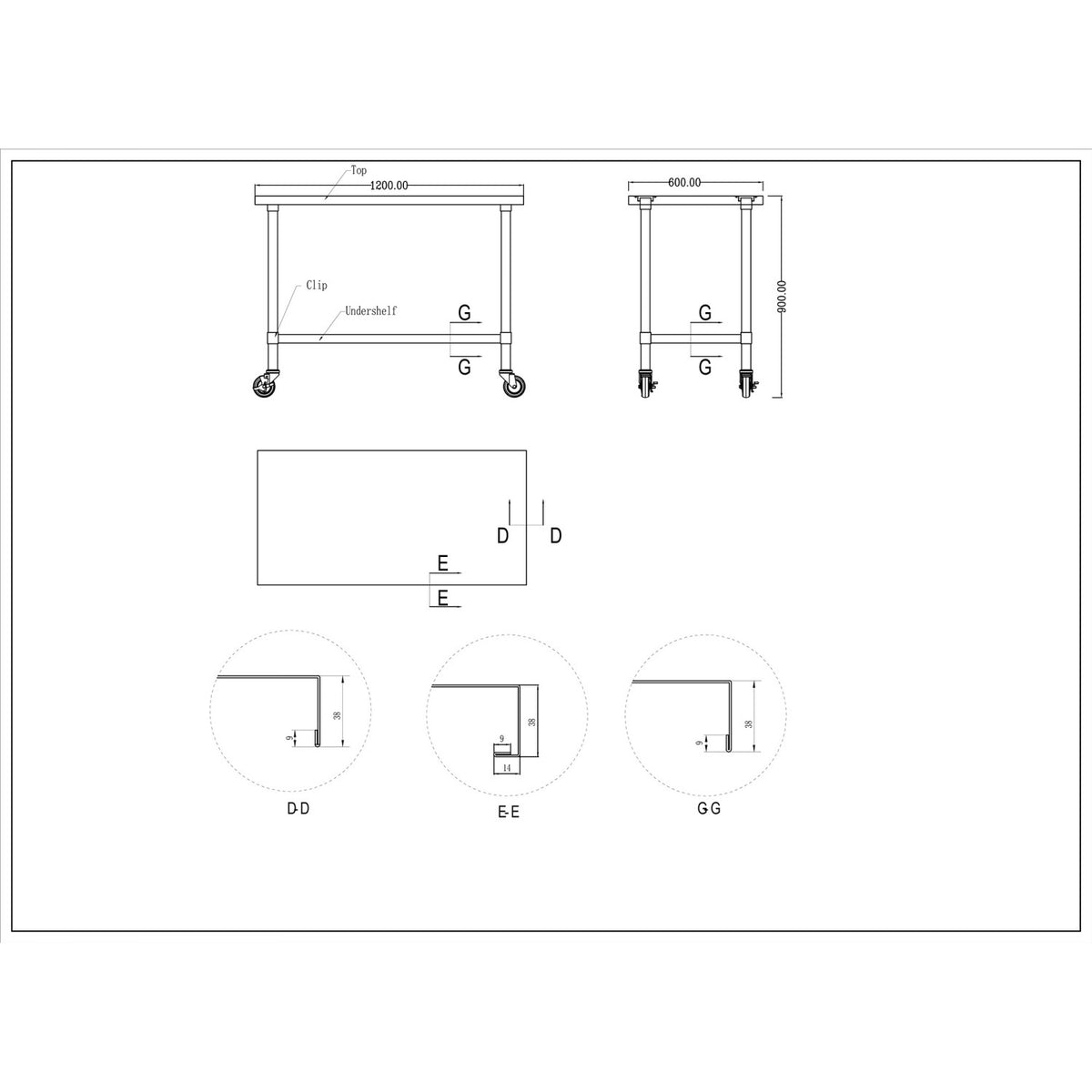 Commercial Mobile Stainless Steel Work Table Bottom shelf 1200x600x900mm - WT60120GMOBILE