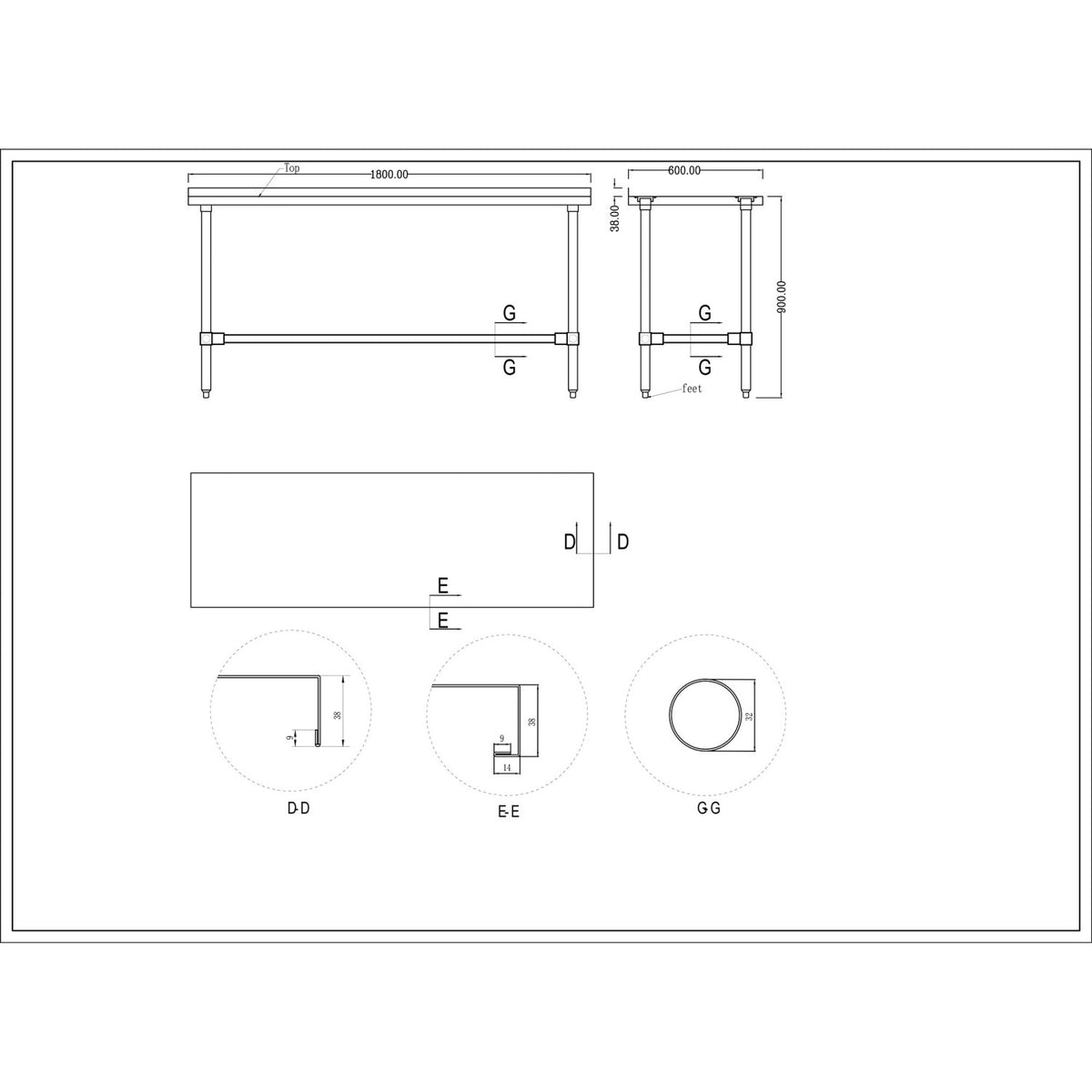 Commercial Stainless Steel Work Table No Bottom shelf with Upstand 1800x600x900mm - WT60180GBNU