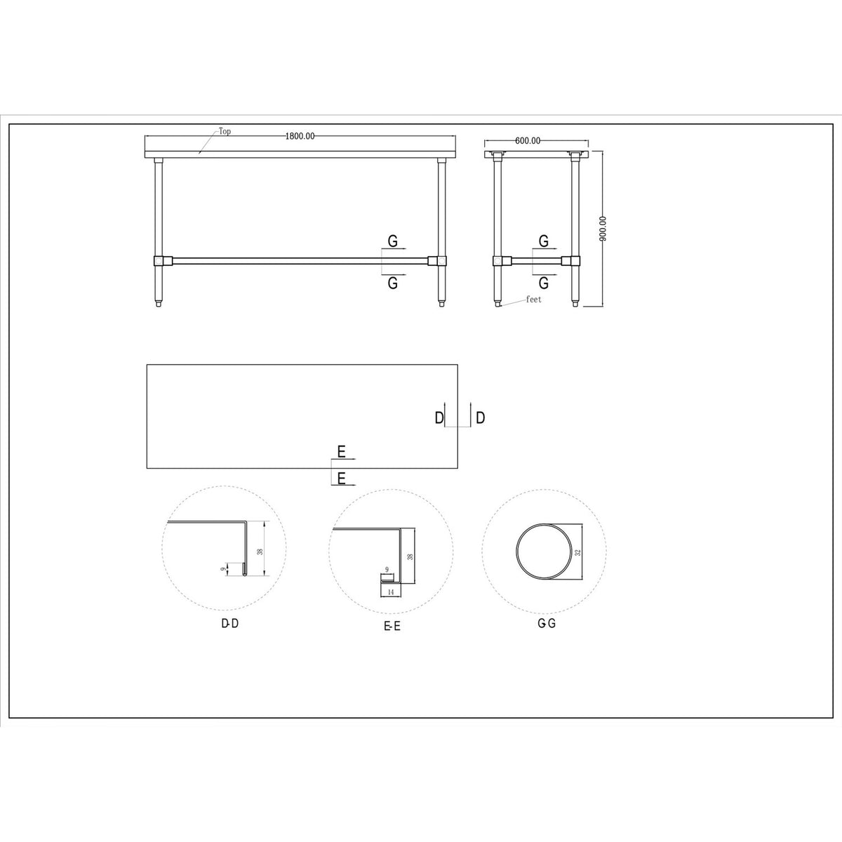Commercial Stainless Steel Work Table No Bottom shelf 1800x600x900mm - WT60180GNU