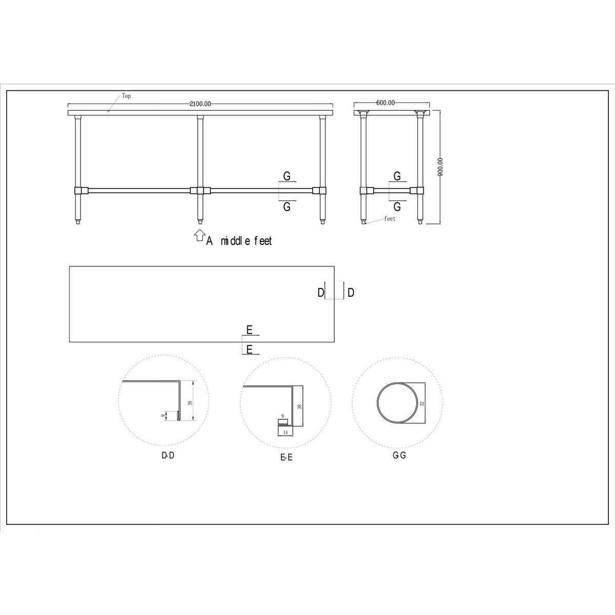 Commercial Stainless Steel Work Table No Bottom shelf 2100x600x900mm - WT60210GNU