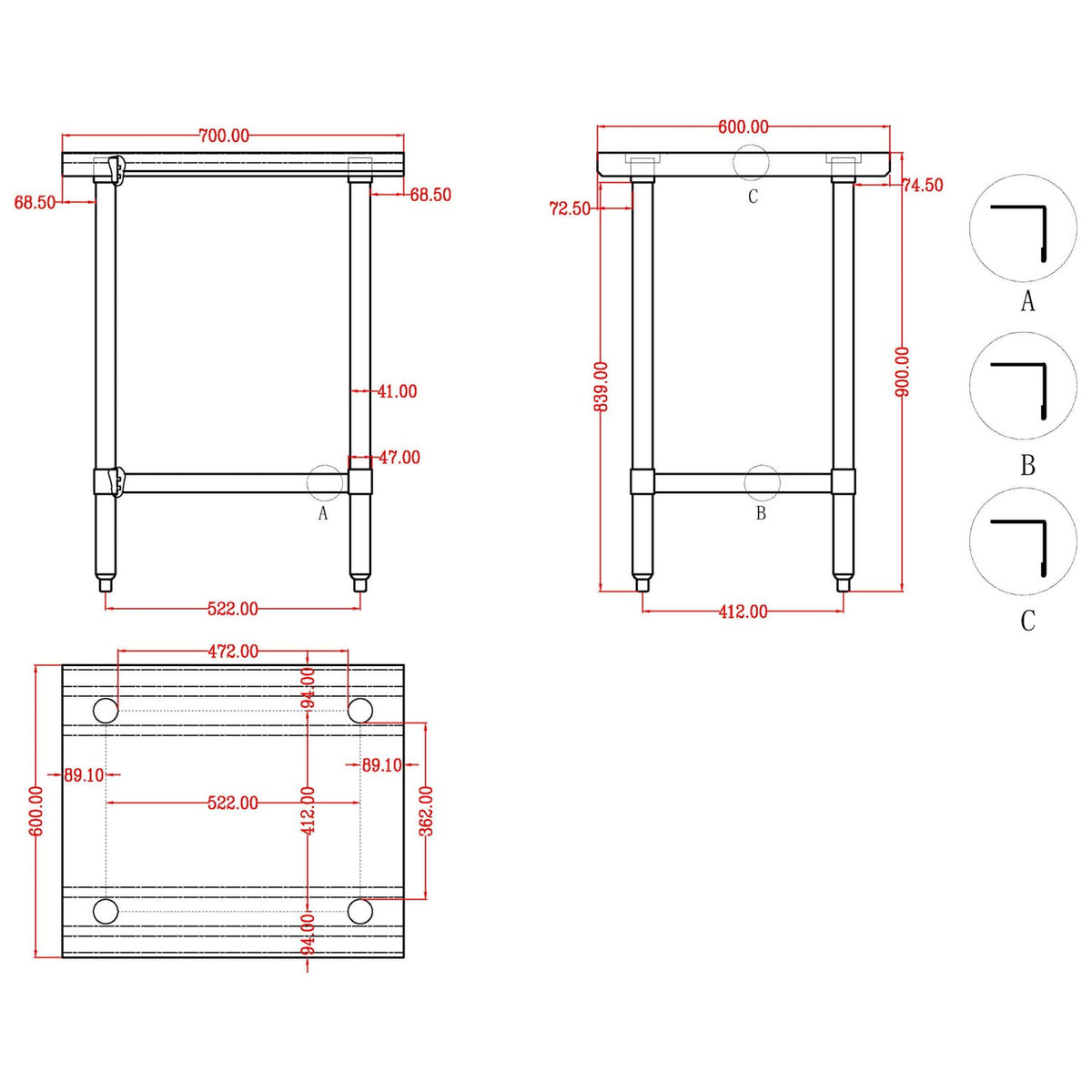 Commercial Stainless Steel Work Table Bottom shelf Upstand 700x600x900mm - WT6070GB