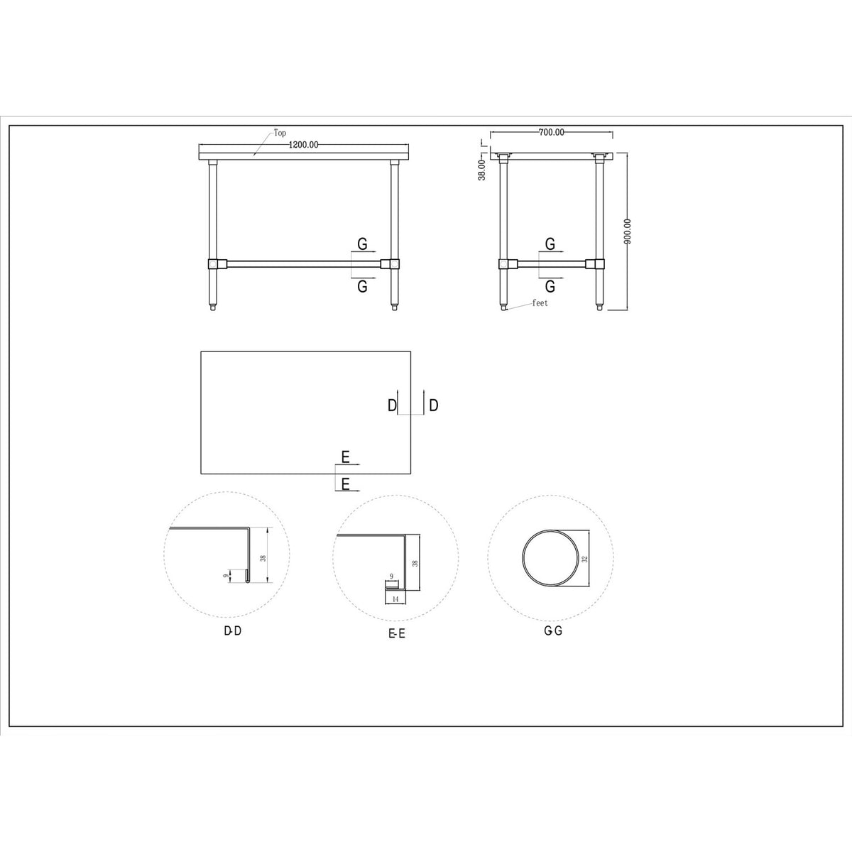 Commercial Stainless Steel Work Table No Bottom shelf with Upstand 1200x700x900mm - WT70120GBNU