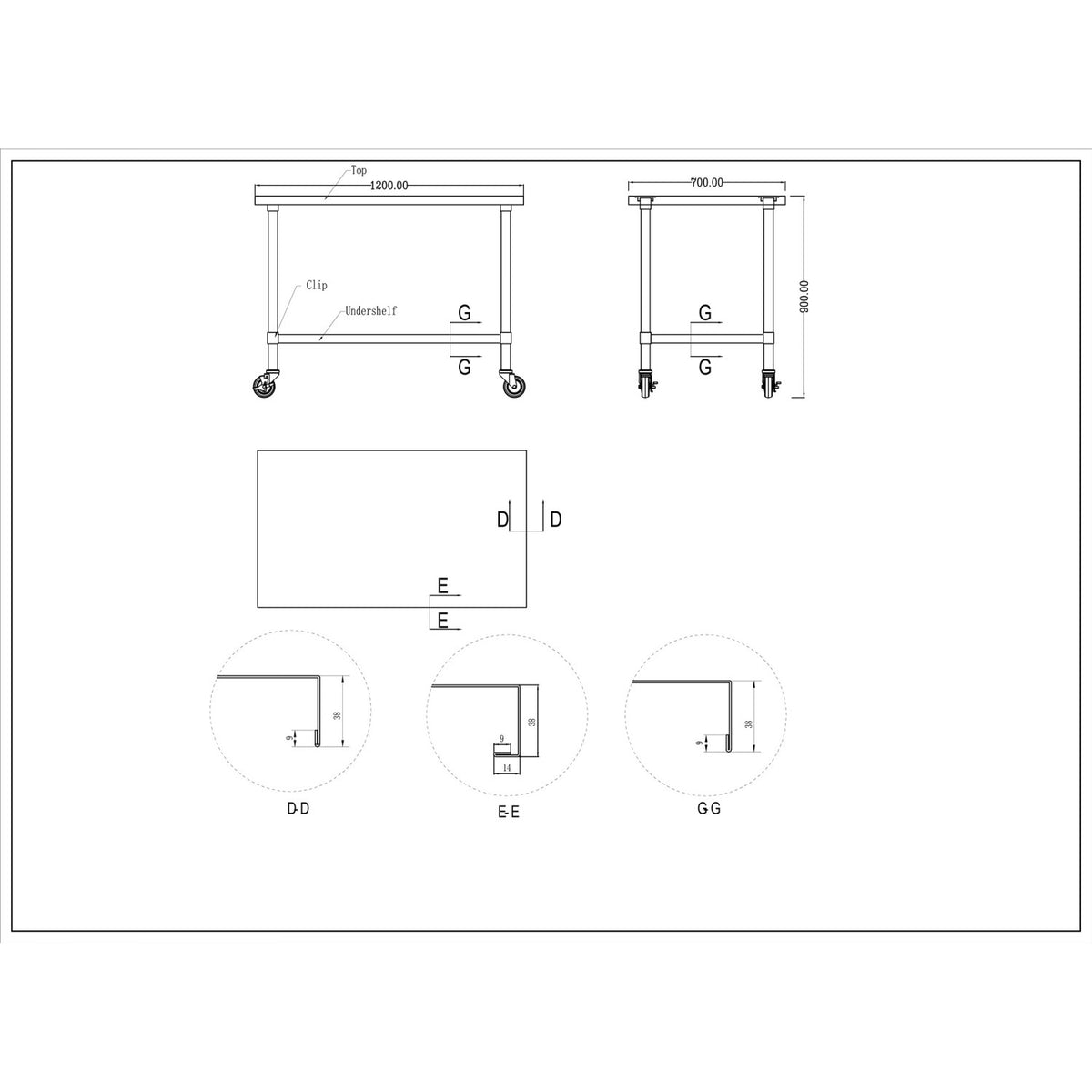 Commercial Mobile Stainless Steel Work Table Bottom shelf 1200x700x900mm - WT70120GMOBILE