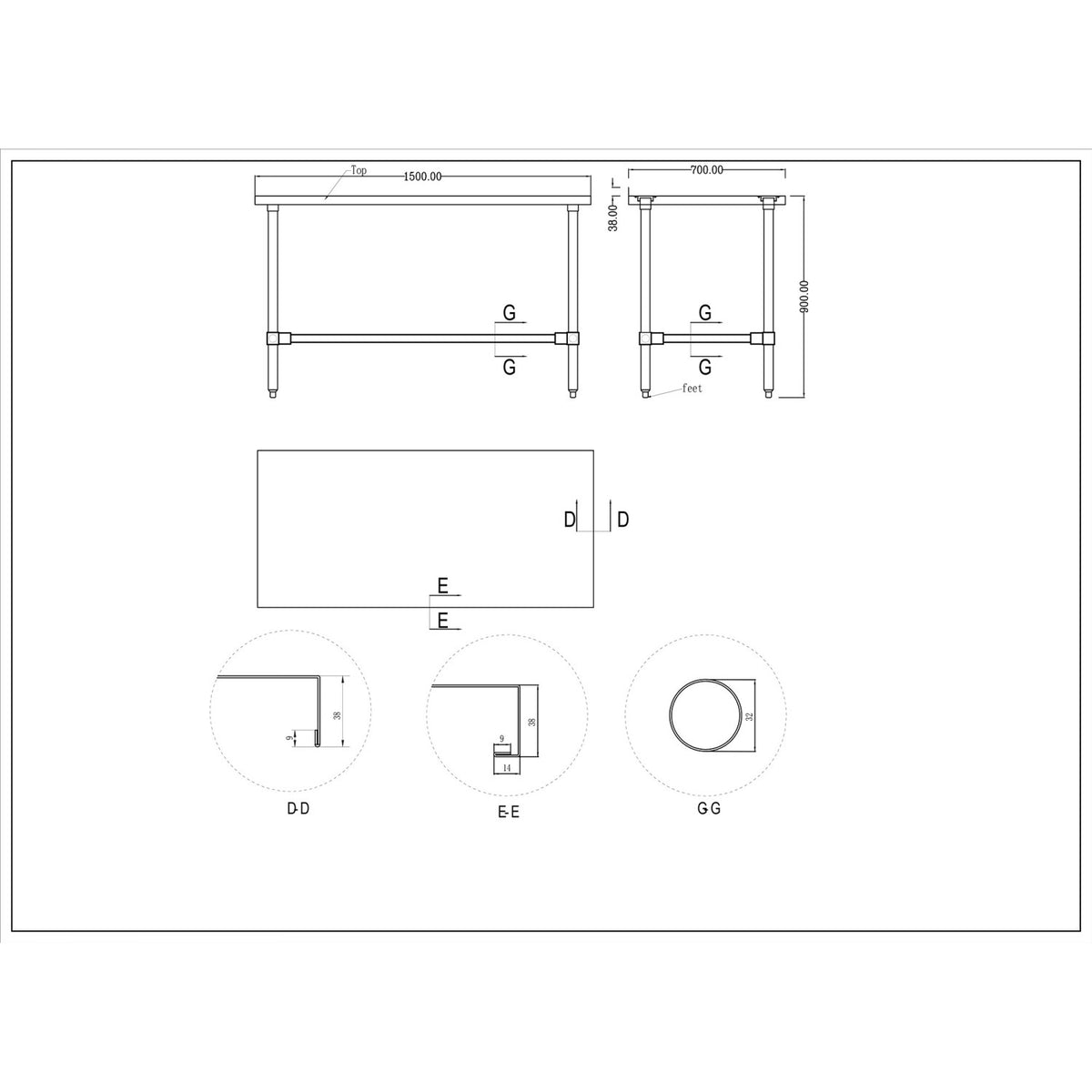 Commercial Stainless Steel Work Table No Bottom shelf with Upstand 1500x700x900mm - WT70150GBNU