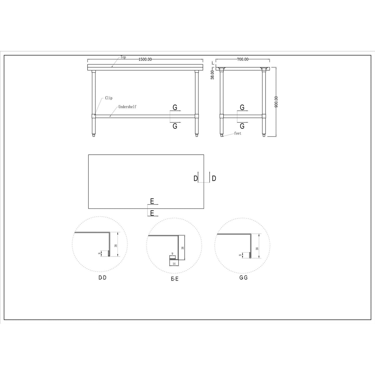 Commercial Stainless Steel Work Table Bottom shelf Upstand 1500x700x900mm - WT70150GB