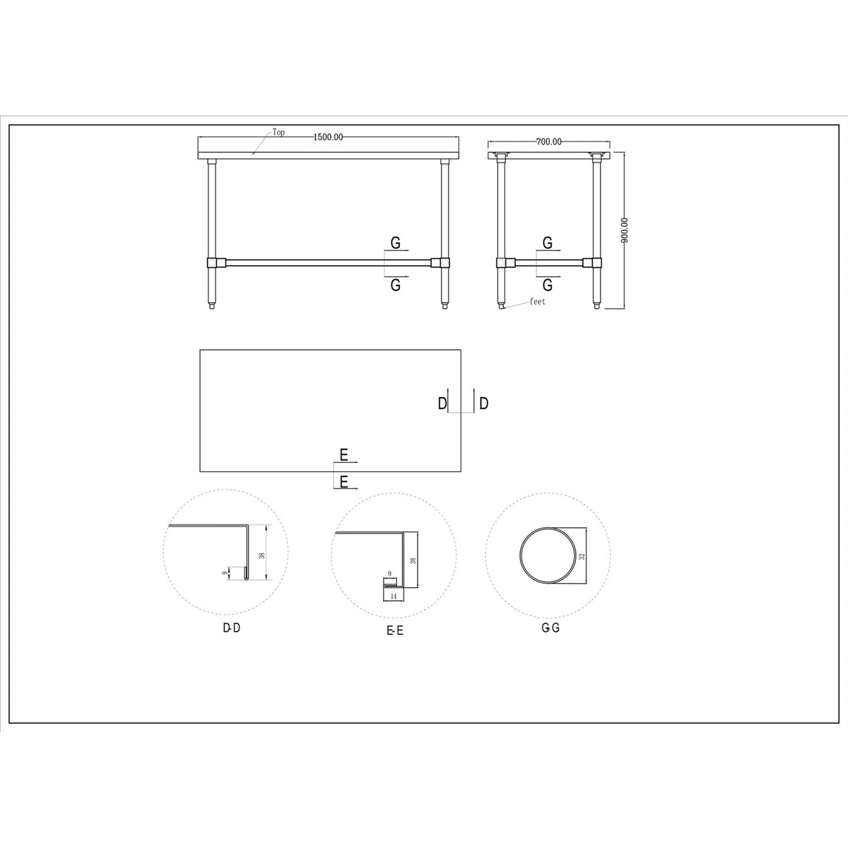 Commercial Stainless Steel Work Table No Bottom shelf 1500x700x900mm - WT70150GNU