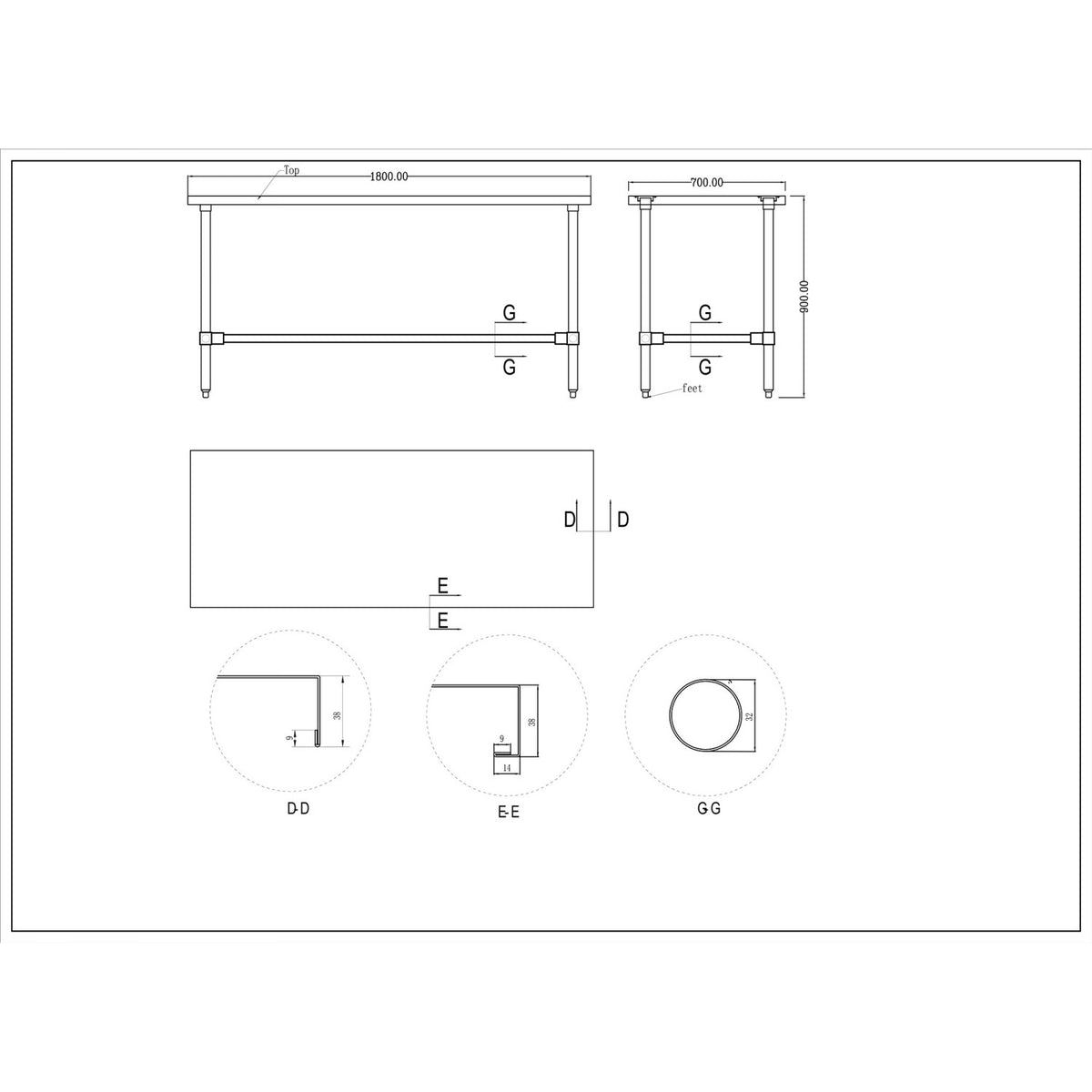 Commercial Stainless Steel Work Table No Bottom shelf 1800x700x900mm - WT70180GNU