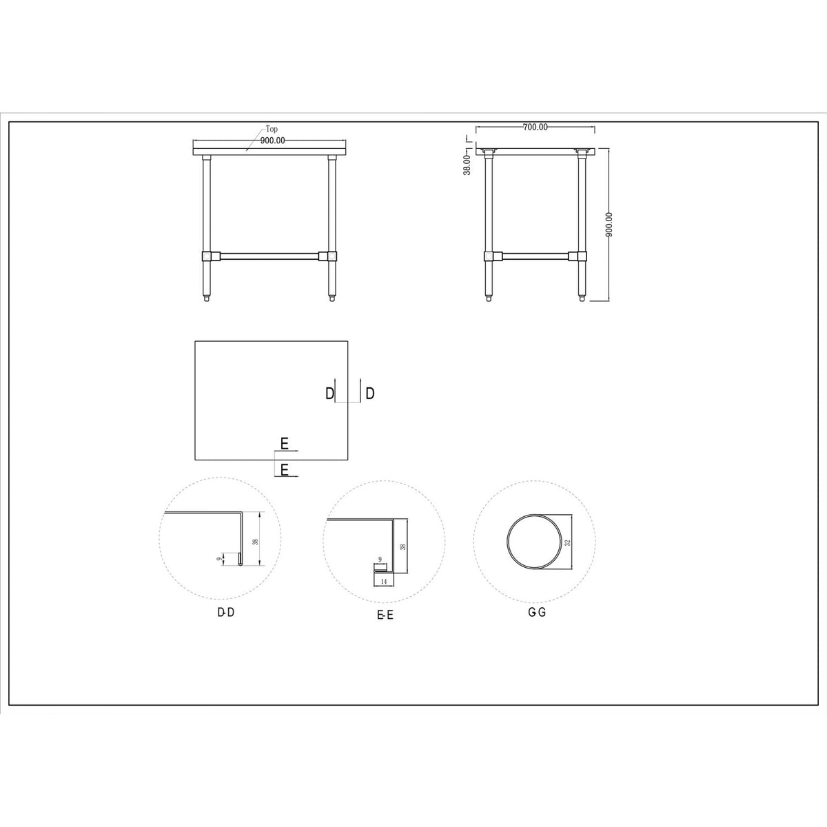 Commercial Stainless Steel Work Table No Bottom shelf with Upstand 900x700x900mm - WT7090GBNU