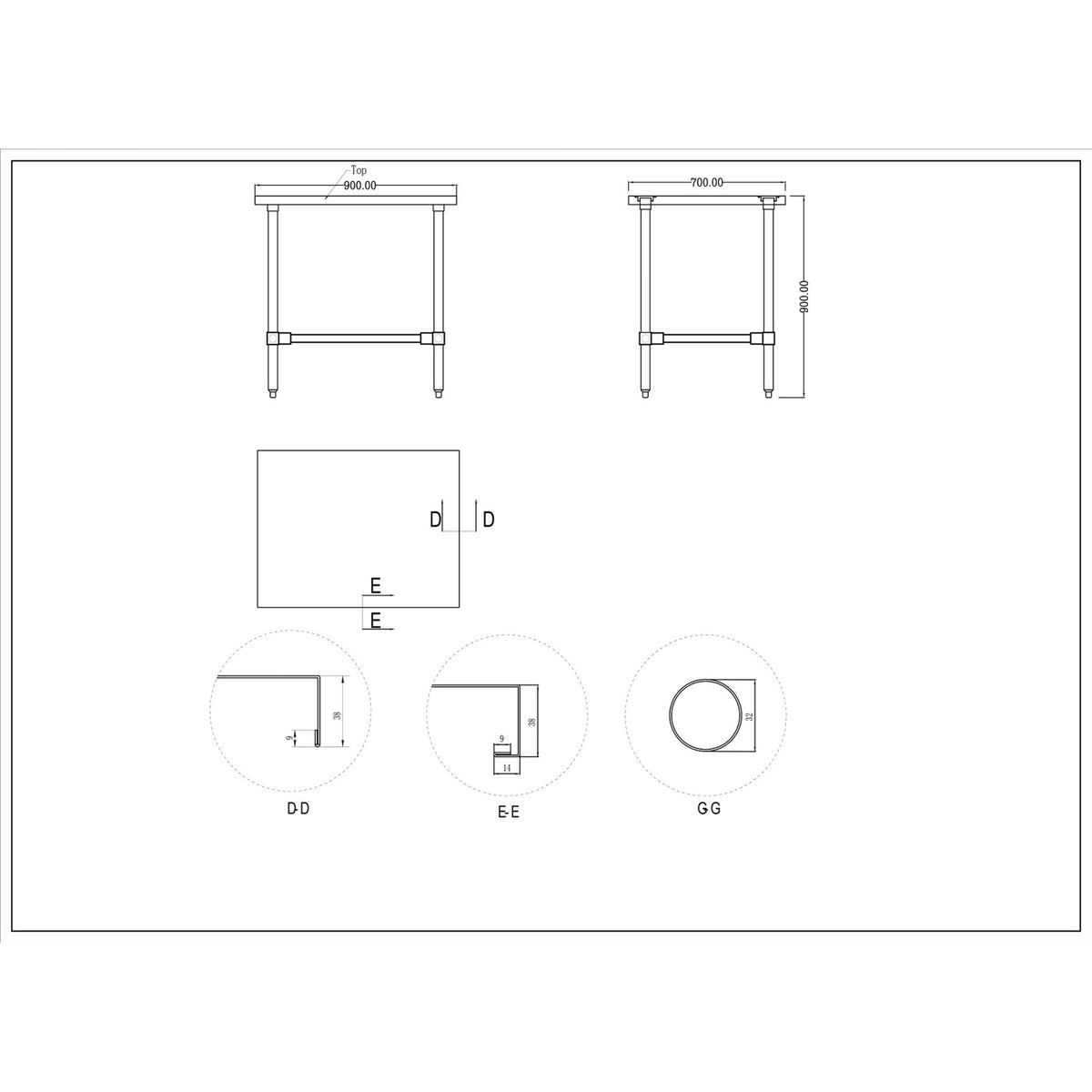 Commercial Stainless Steel Work Table No Bottom shelf 900x700x900mm - WT7090GNU